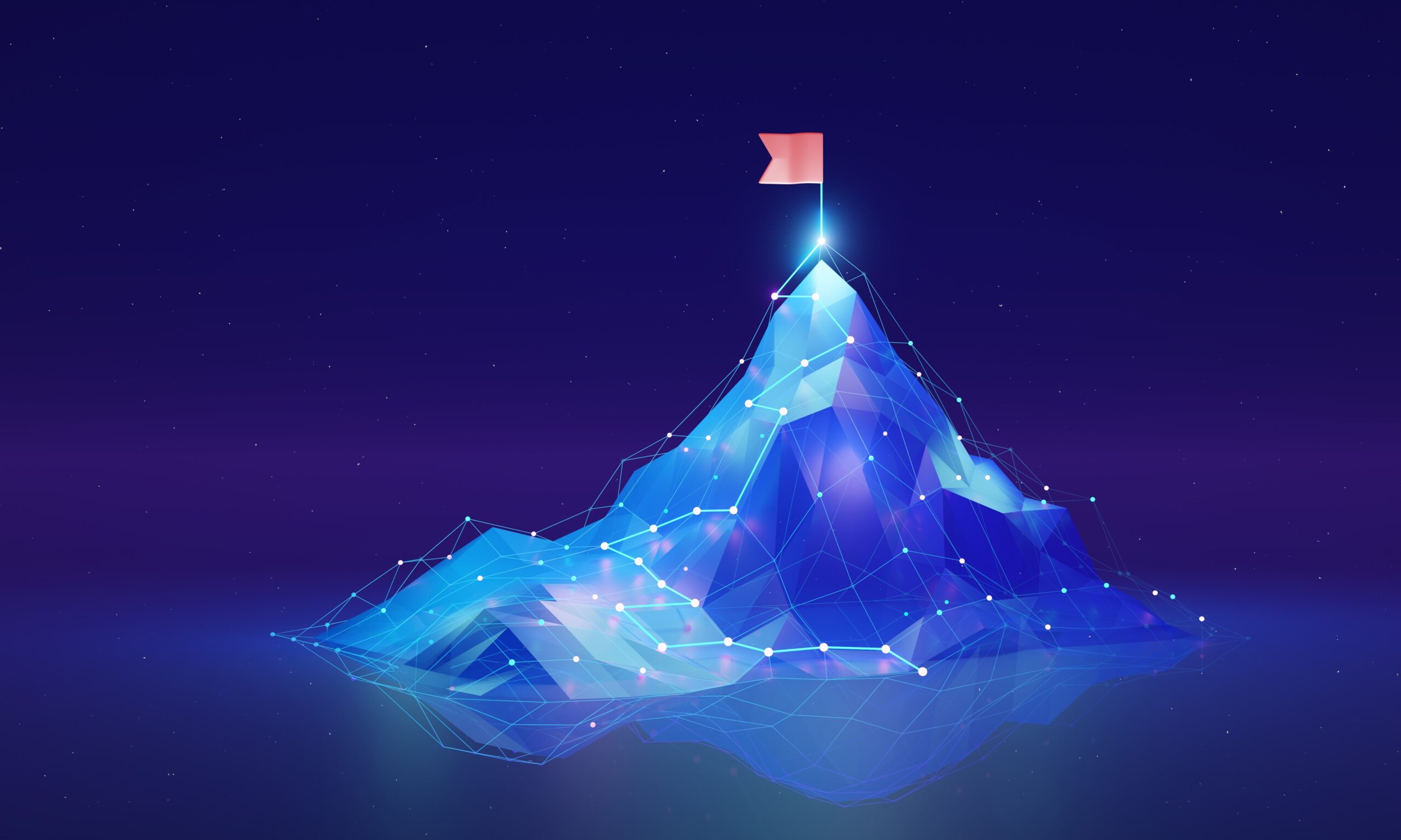 A digital art illustration of a mountain peak composed of blue, geometric wireframes and connected by glowing dots, resembling a digital network. A red flag is planted at the summit, casting a bright light. The background is a starry night sky, transitioning from dark purple at the top to a lighter violet near the horizon. The image evokes concepts of achievement in the digital or virtual realm.