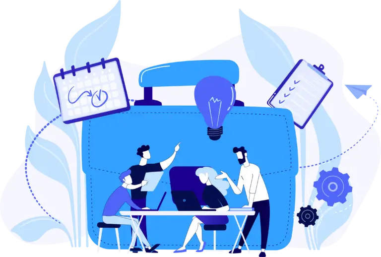 The image depicts a dynamic and modern workplace setting in a creative office environment. There are four individuals involved in a collaborative team meeting. The first person, seated at a desk on the left, gestures animatedly to emphasize a point, while the second individual, also seated, listens attentively with a laptop open in front of him. A third team member stands at the back, actively engaging in the discussion, and a fourth person, seated at the desk on the right, focuses on her computer screen, possibly implementing ideas discussed during the meeting. The background features stylized elements such as a large light bulb, symbolizing innovation, and abstract representations of documents and organizational tools, suggesting a well-planned and efficient workspace.