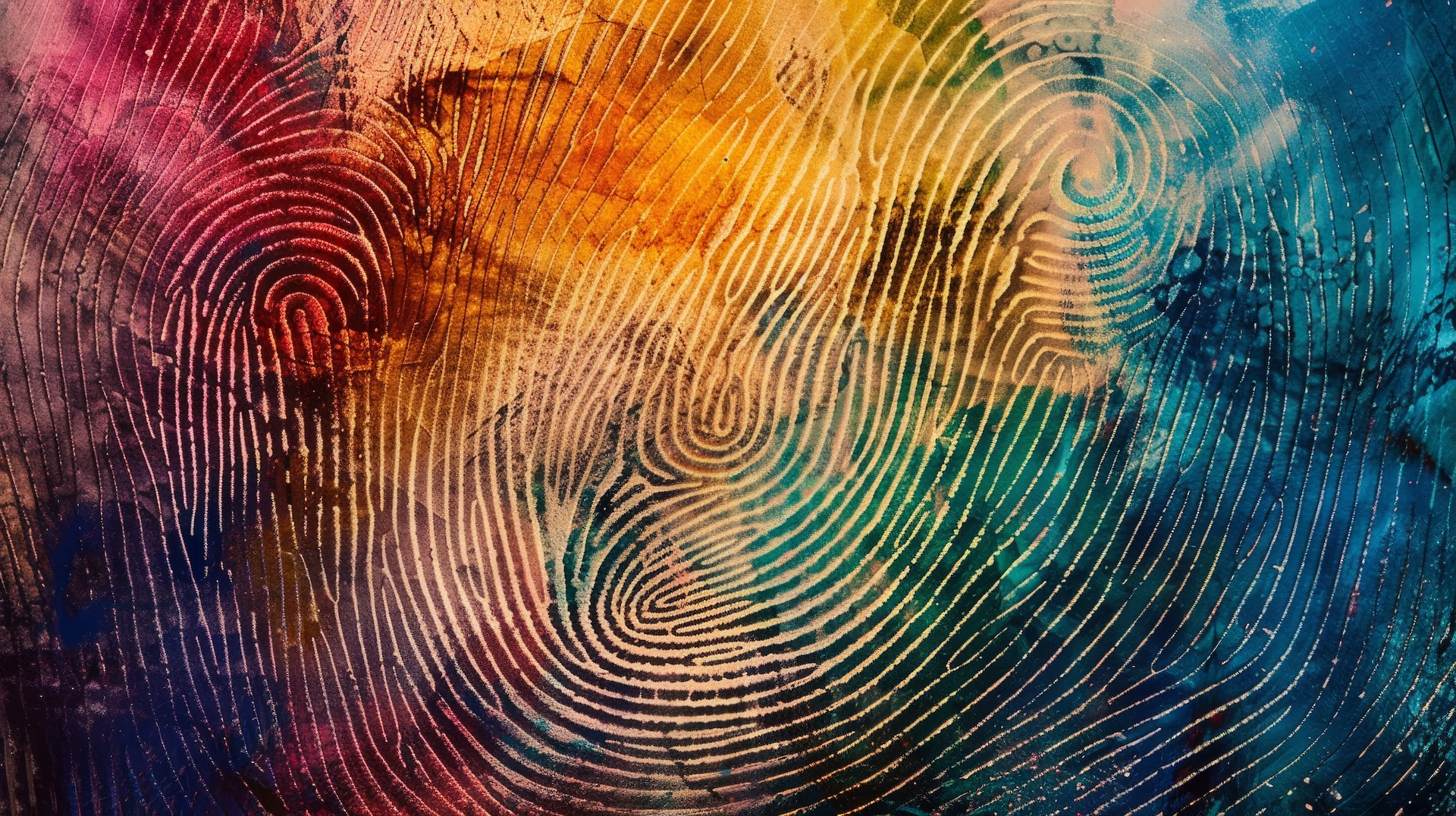 A vibrant and colorful abstract image featuring various hues of red, orange, yellow, green, blue, and purple with swirling, overlapping fingerprint patterns.