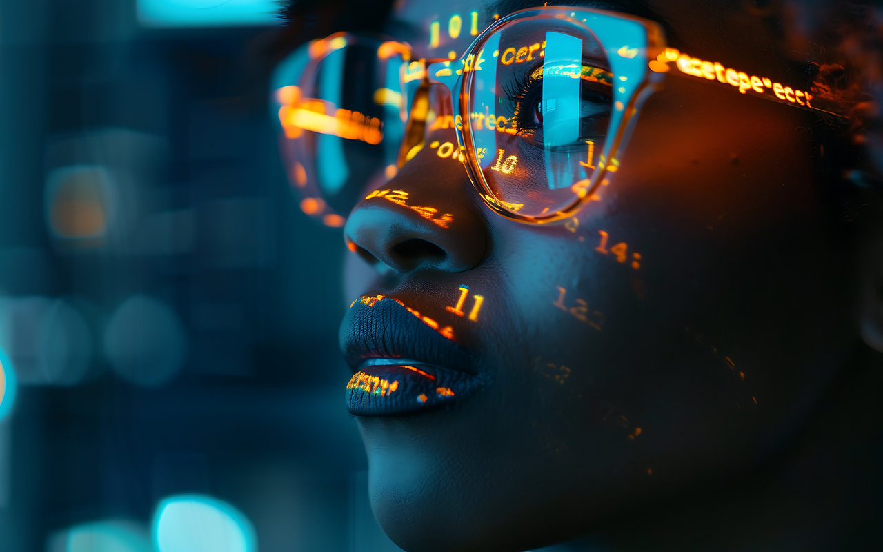 A close-up of a professional’s face with glowing orange data and code reflections overlaying their glasses, symbolizing the integration of human expertise and technology. The image conveys empowerment, innovation, and the role of data automation in enhancing human potential in policy administration.