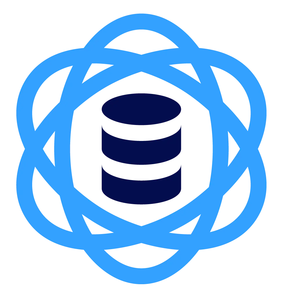 Icon depicting integrated data with a database surrounded by interconnected lines, illustrating the concept of data integration and connectivity.