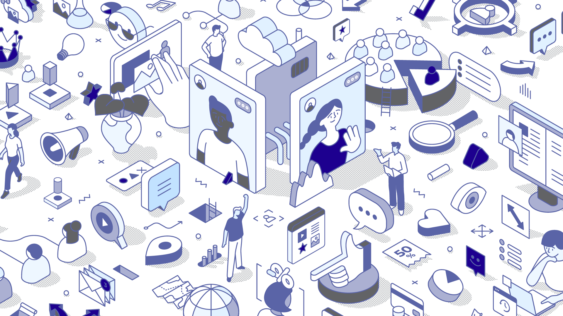 Illustration of various omnichannel communication elements including digital screens, chat icons, data charts, and customer interaction symbols, representing a seamless customer journey across multiple platforms.