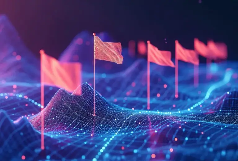 Digital landscape with red flags on a grid of blue data points, symbolizing technological advancements driving integration and automation in the insurance industry.