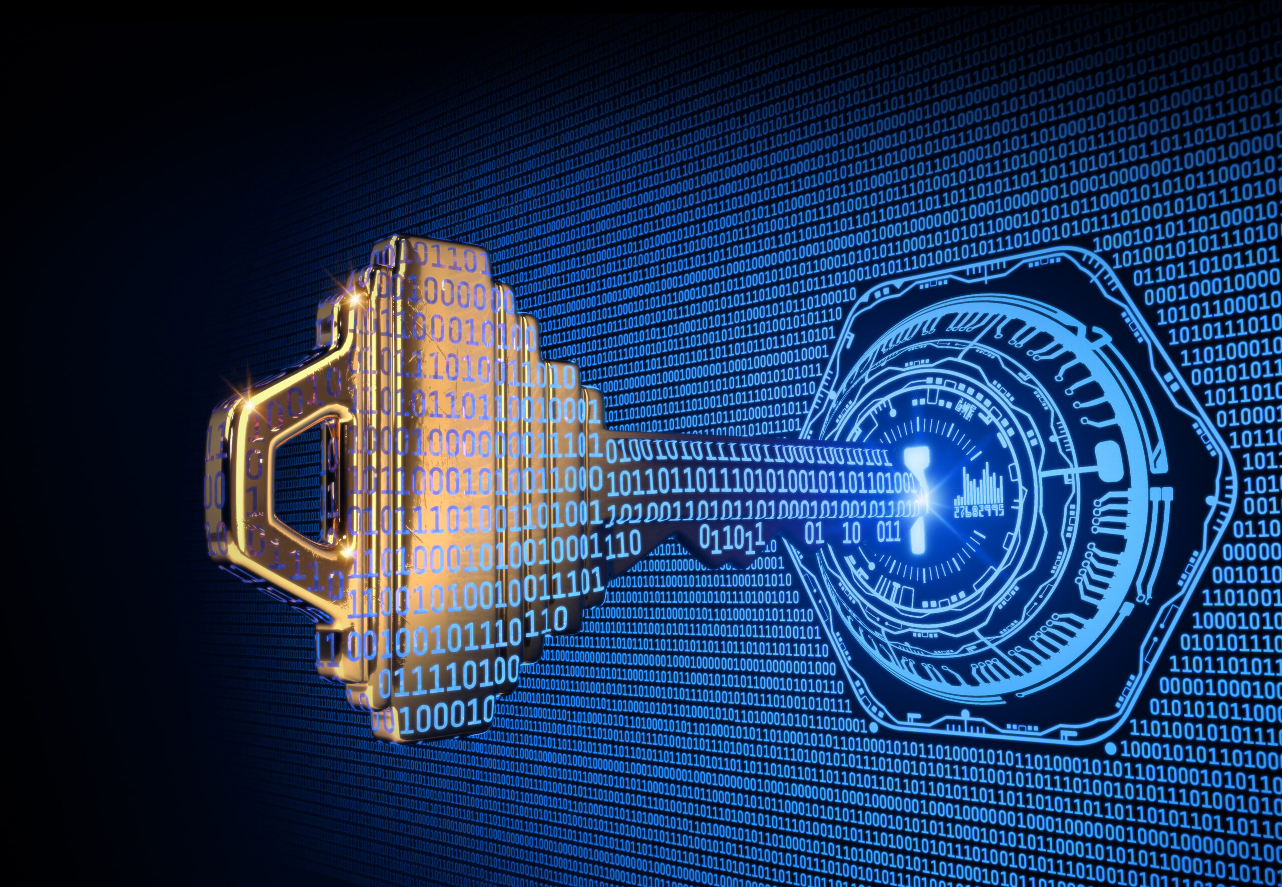 A digital key made of binary code unlocking a secure digital lock, symbolizing the implementation of cybersecurity strategies in the insurance industry.