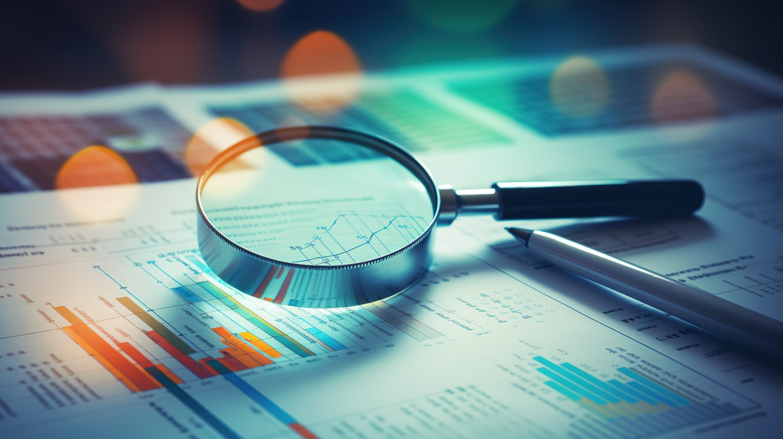 A magnifying glass focusing on financial graphs and charts, representing the analysis and audit of workers' compensation in the context of regulatory changes.