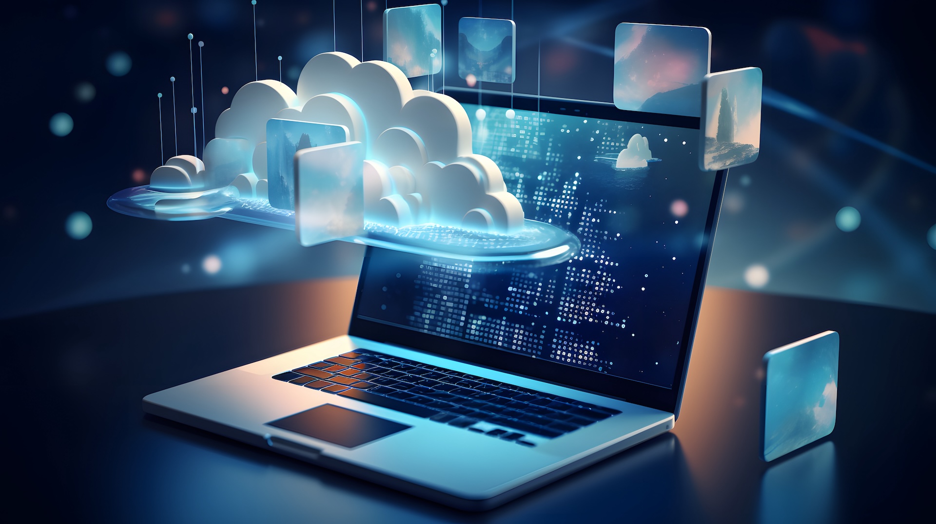 The image showcases a laptop with a digital representation of cloud computing technology emerging from the screen. Multiple icons, resembling cloud storage, float around the laptop, symbolizing data storage, transfer, and accessibility in the cloud. The background is a blend of dark and light colors, emphasizing the futuristic and innovative aspect of cloud computing. The overall scene conveys the integration of cloud technology with everyday computing devices, highlighting its significance in modern technology.