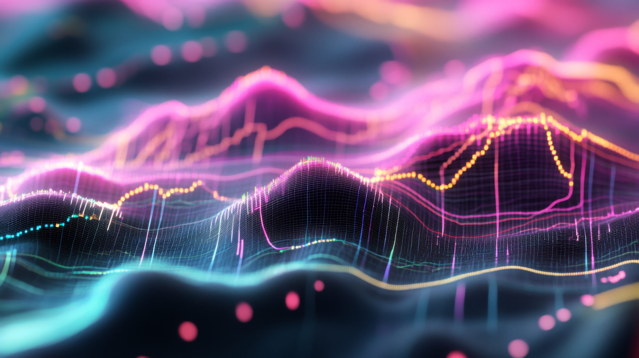 Futuristic 3D data landscape with glowing lines and digital graphs representing advanced analytics and performance insights in insurance technology.