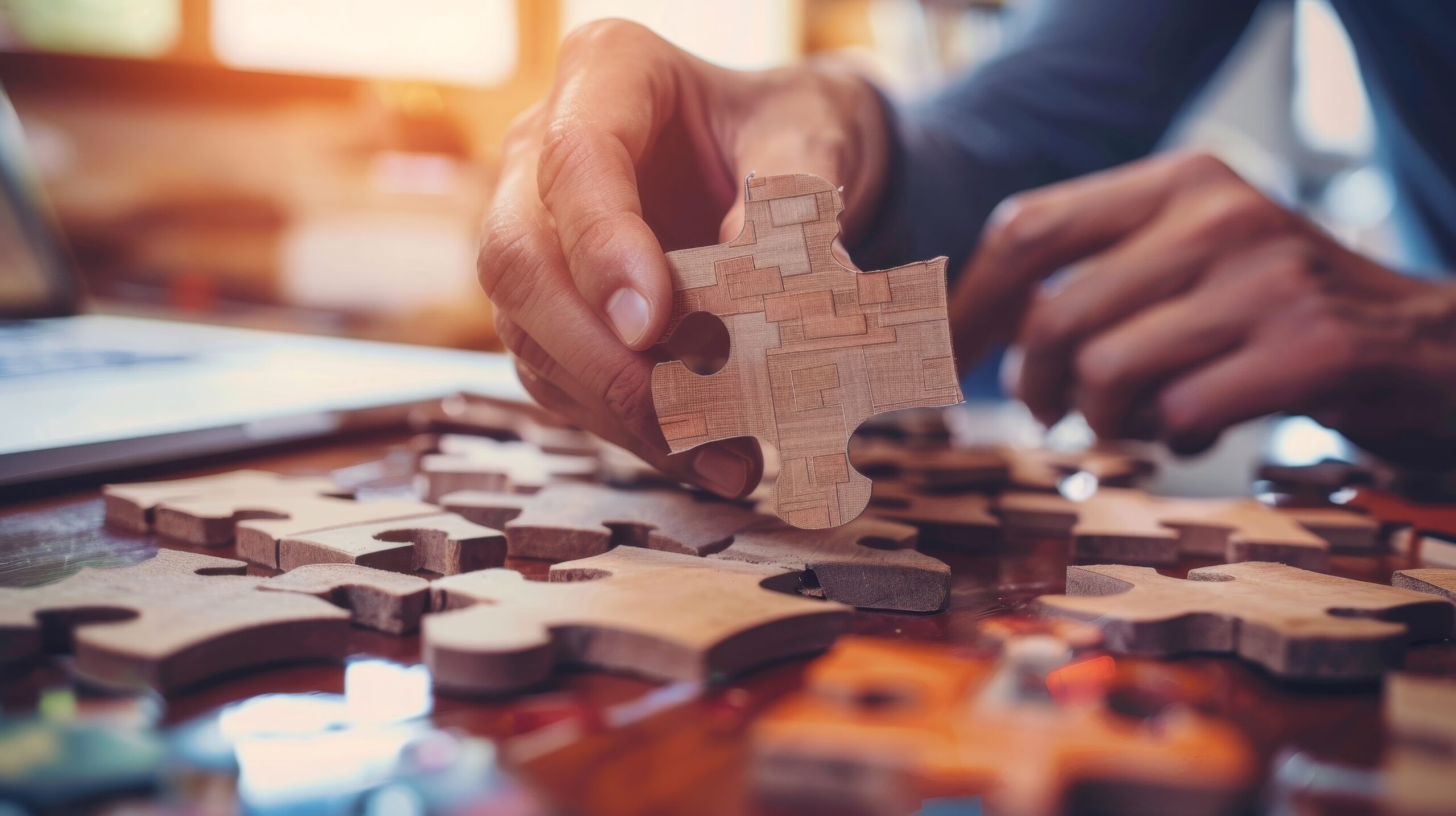 A close-up of a hand placing a puzzle piece on a table, symbolizing the integration of advanced analytics to unlock competitive advantage in business.