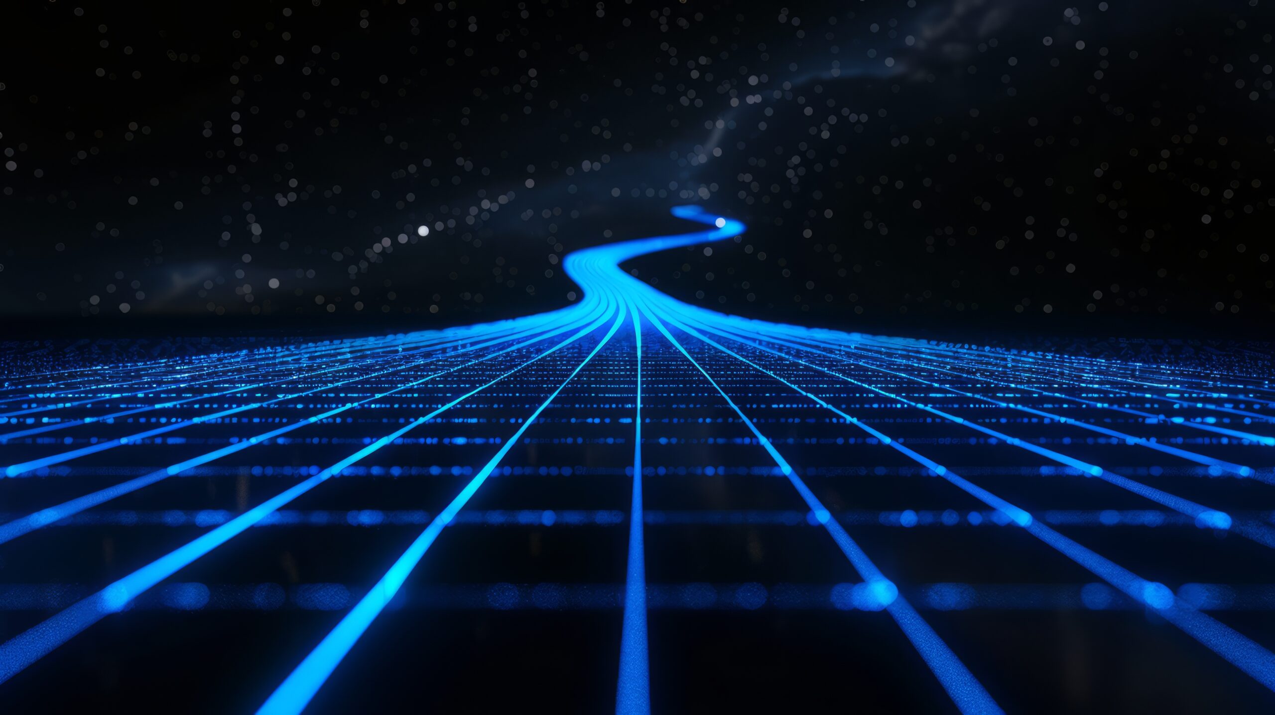 Abstract representation of digital data integration with a futuristic blue path illuminated against a dark grid background, symbolizing the convergence of disparate systems in the insurance industry for better outcomes.