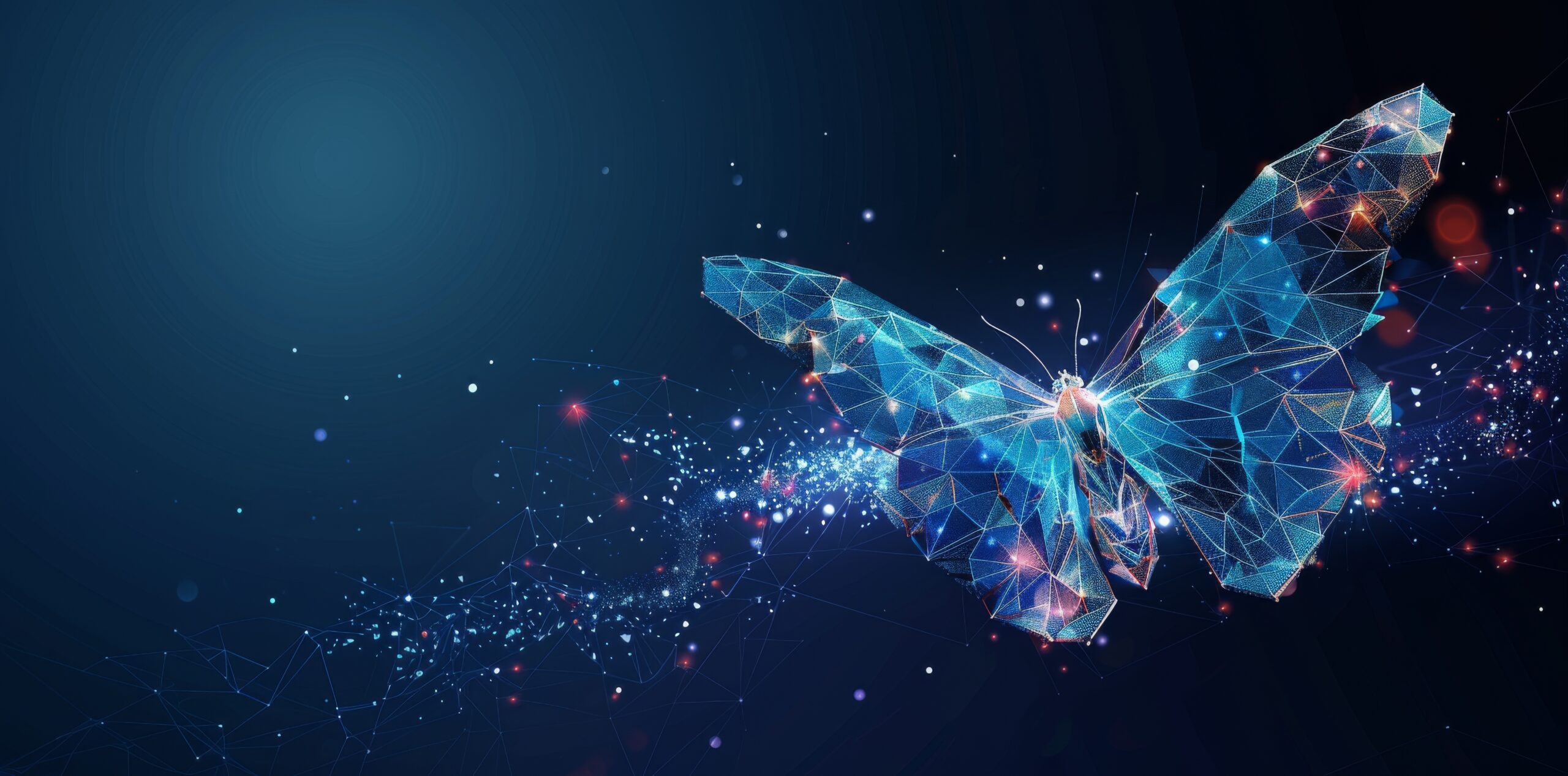 A digital butterfly composed of geometric patterns and light, symbolizing transformation and innovation in the insurance industry through digital technologies.