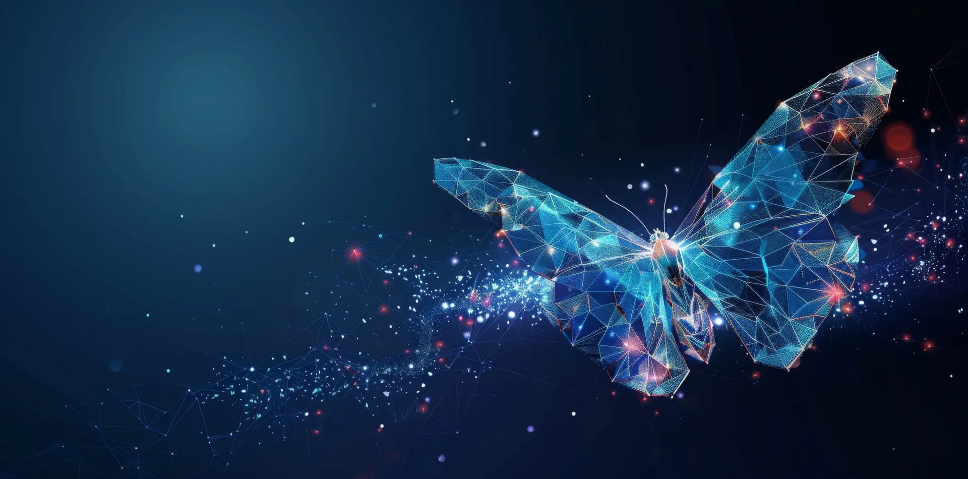 A digital butterfly composed of geometric patterns and light, symbolizing transformation and innovation in the insurance industry through digital technologies.