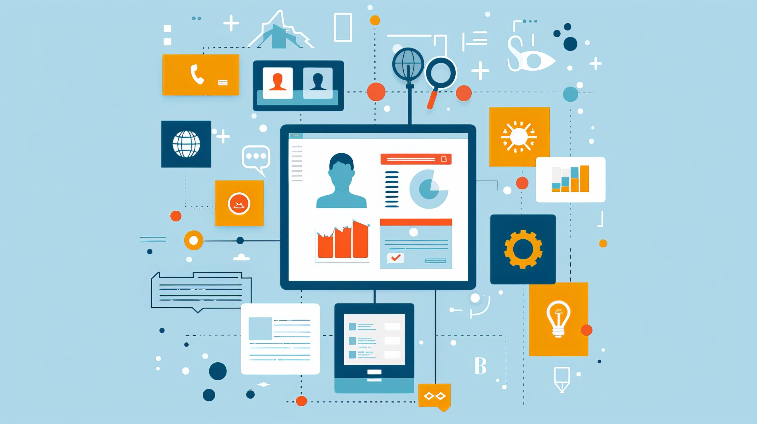 Illustration depicting interconnected digital touchpoints and customer data, symbolizing the mapping and optimization of seamless customer journeys in the insurance industry.