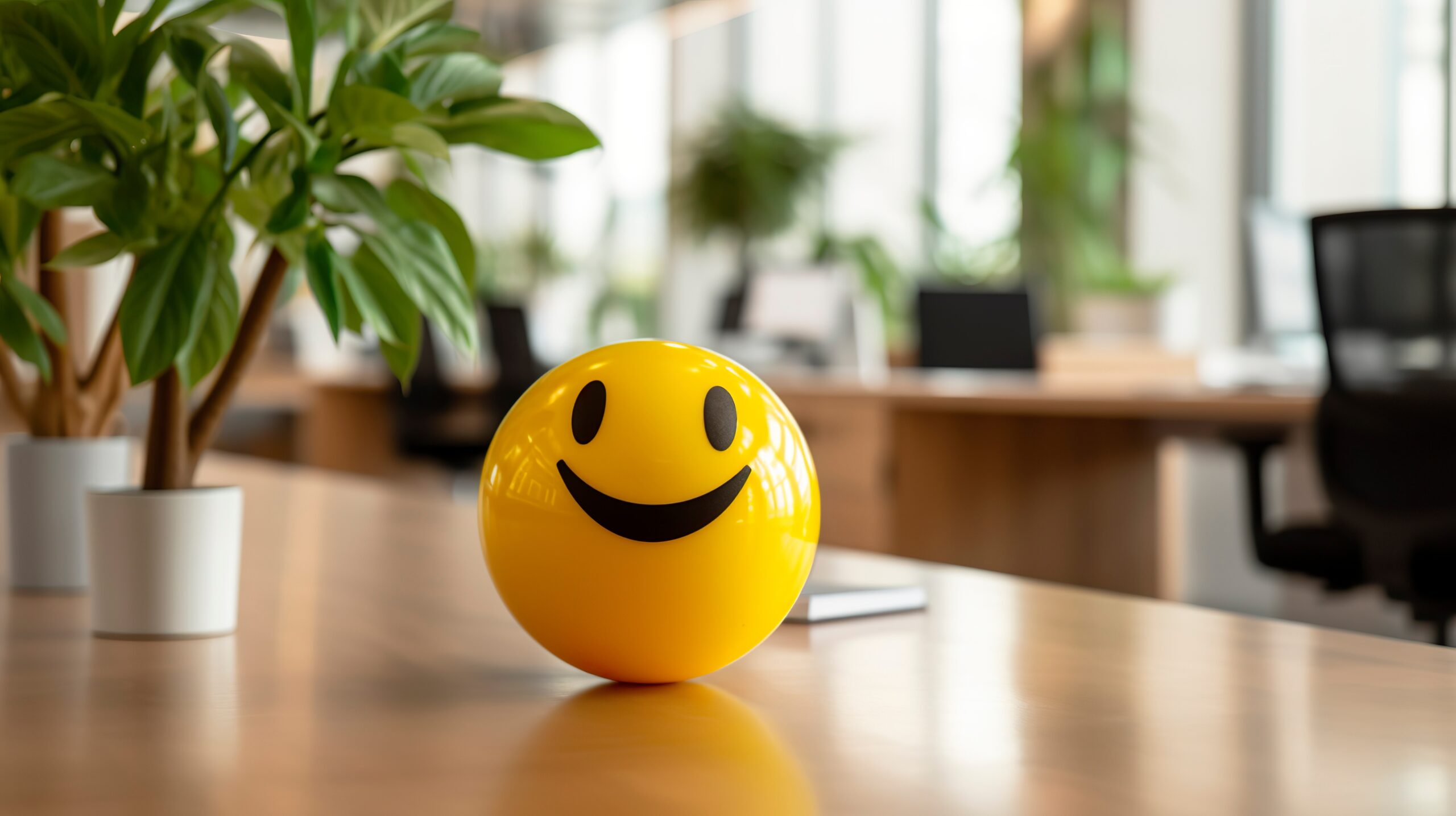 Smiley face ball on a desk in a modern office, symbolizing a positive workplace culture in the insurance industry, fostering employee engagement and satisfaction.