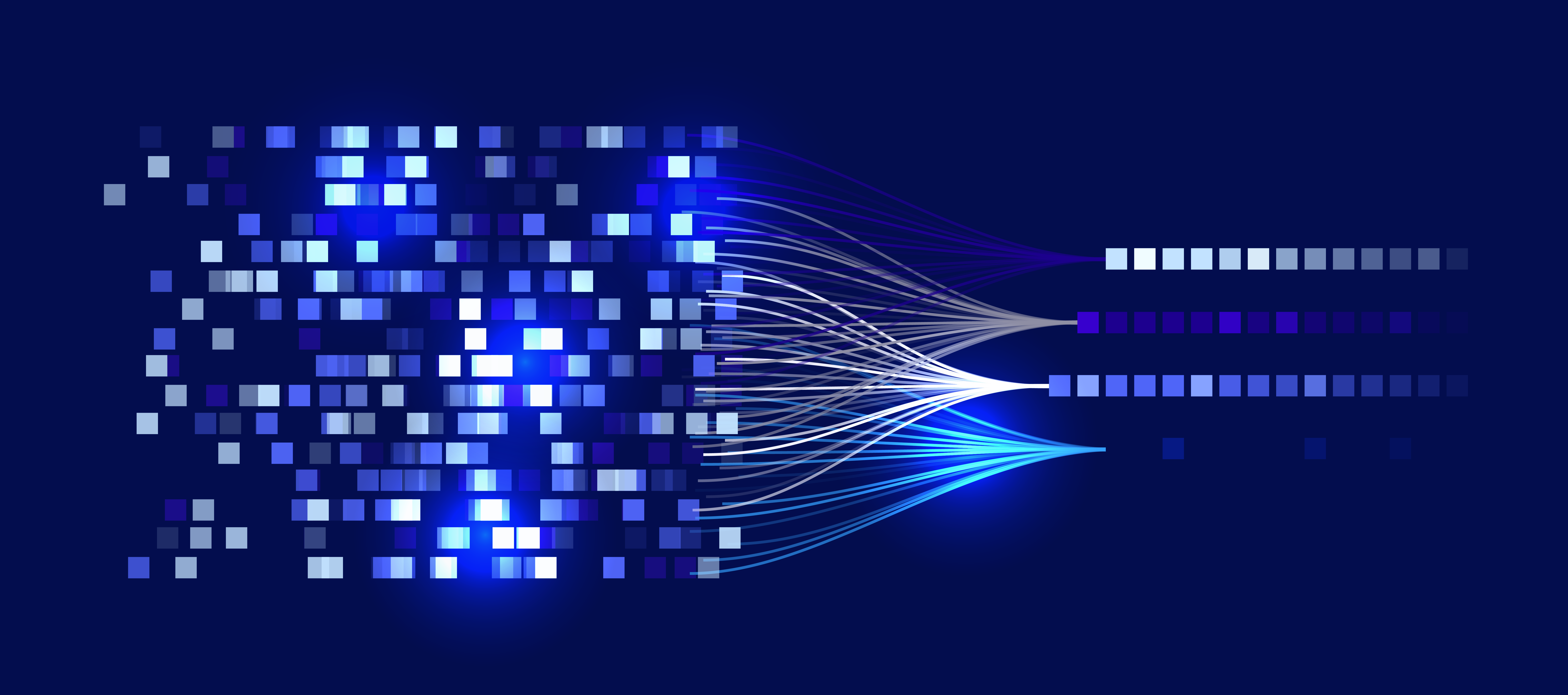 A data flow illustration showing how big data, represented by a matrix of scattered pixels, is processed and organized into structured, categorized outputs. This image highlights the use of advanced analytics to streamline and organize large datasets for improved decision-making, relevant to industries such as workers' compensation insurance.