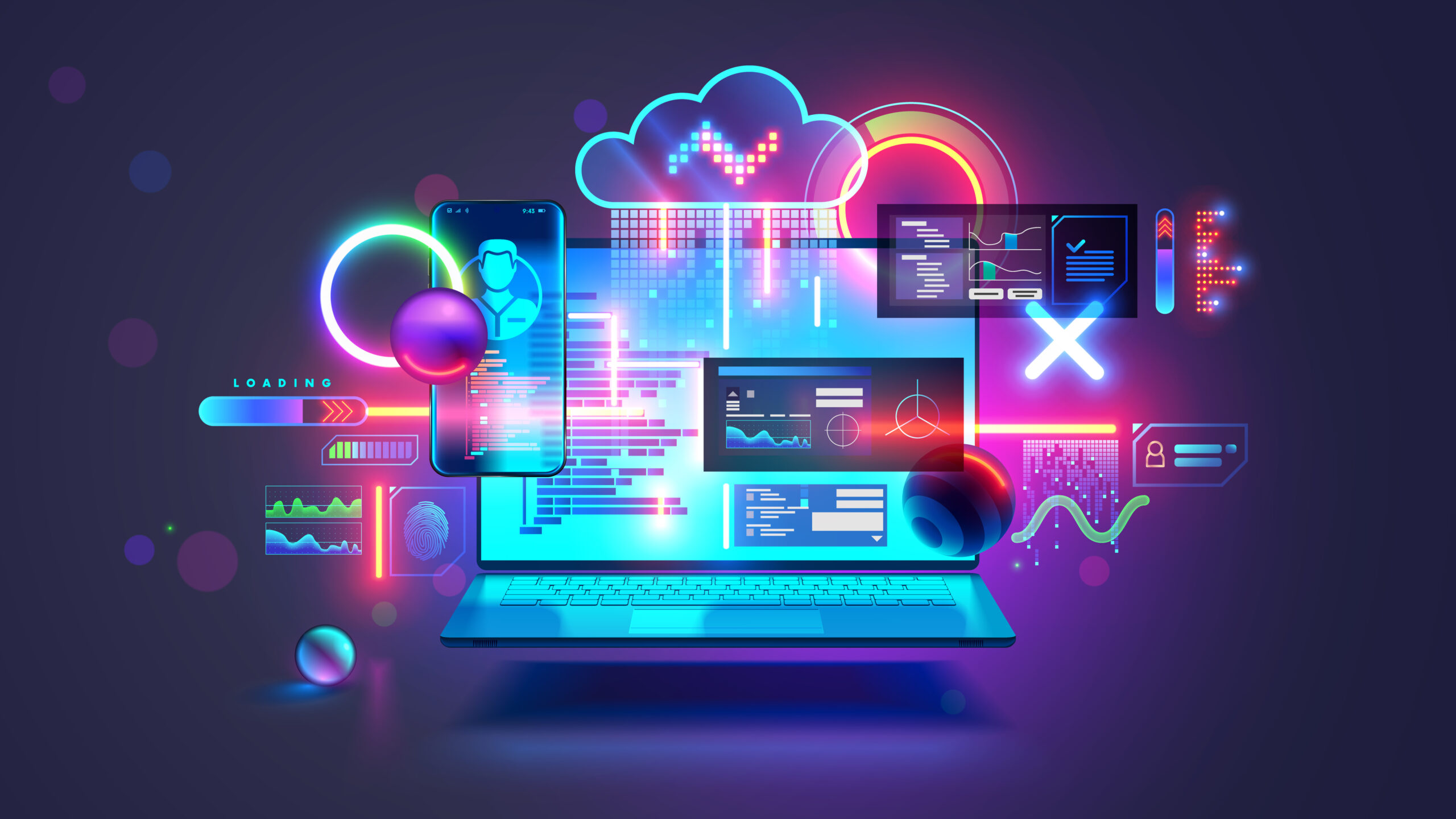 Digital illustration of a laptop and mobile device surrounded by data-driven analytics and cloud-based technology, symbolizing growth strategies for modern insurers adapting to a digital world.