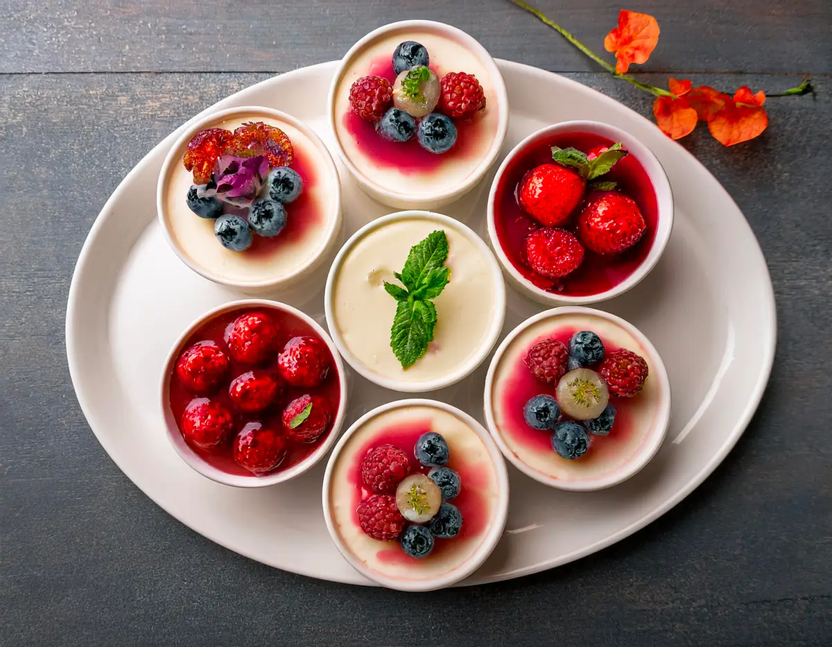 True-Thanksgiving-Recipe-Berry-Bliss-Cheesecake-Cups Six mini Berry Bliss Cheesecake Cups arranged on a white plate. Each cheesecake has a creamy base with swirls of vibrant berry jam, topped with fresh berries and garnished with mint leaves, creating a visually appealing dessert.