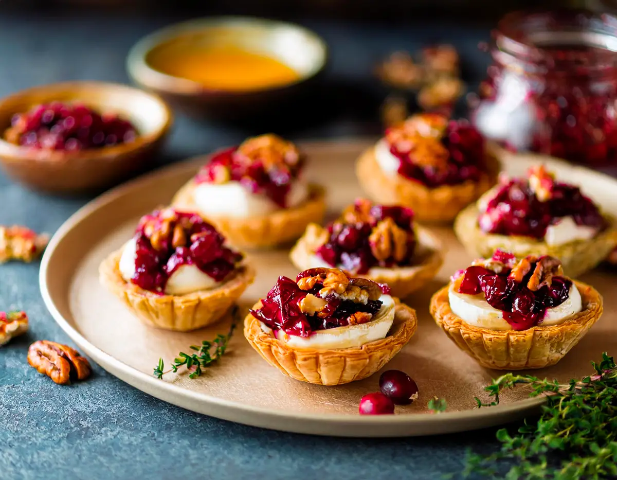 True-Thanksgiving-Recipe-Cranberry-Crunch-Brie-Bites Elegant Cranberry Crunch Brie Bites served on a beige platter. Each bite features a phyllo cup filled with melted Brie, cranberry sauce, and topped with chopped pecans and thyme leaves, drizzled with honey for a festive touch.