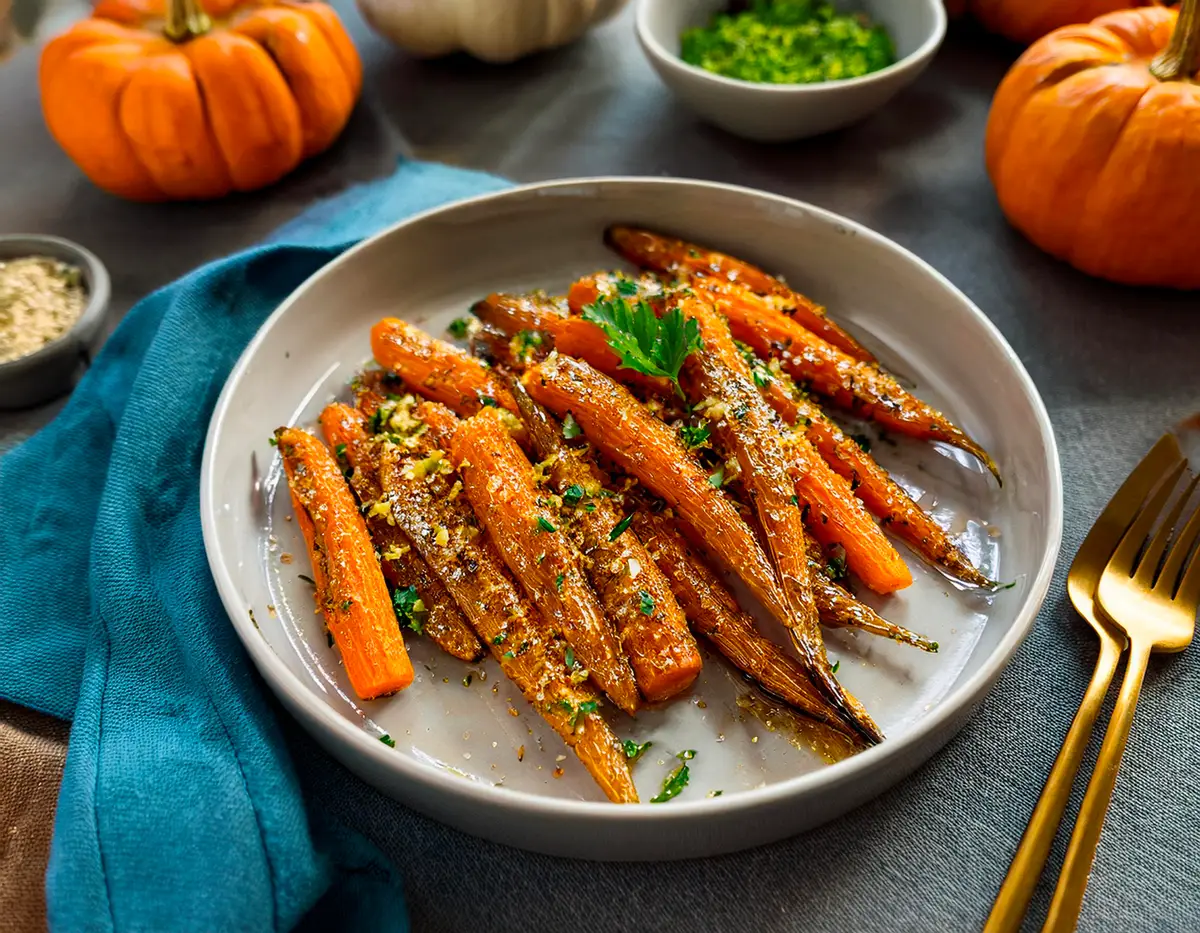 True-Thanksgiving-Recipe-Honey-Butter-Glazed-Carrots A plate of Honey Butter Glazed Carrots, roasted to golden perfection and garnished with fresh parsley and crunchy toasted breadcrumbs. The carrots are arranged on a modern dish with a cozy autumn-themed backdrop.