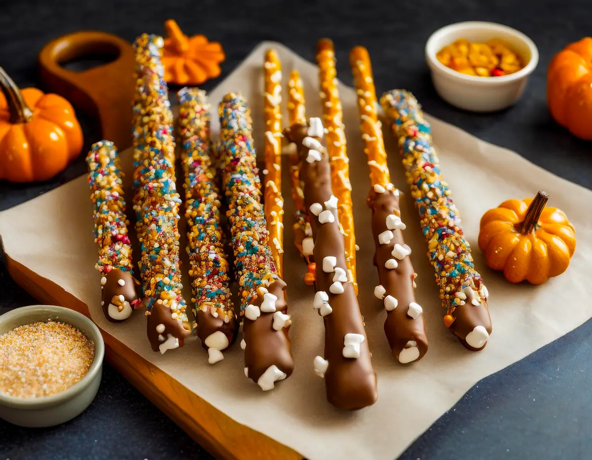 True-Thanksgiving-Recipe-Party-Pretzel-Pops Festive Party Pretzel Pops displayed on a parchment-lined tray. Each pretzel rod is dipped in chocolate and adorned with colorful toppings like mini marshmallows, crushed cookies, and vibrant cereal bits, making them fun and enticing.