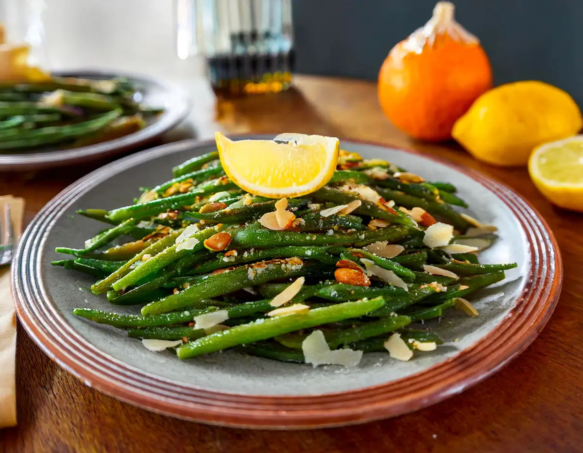 True-Thanksgiving-Recipe-Roasted-Parmesan-Green-Beans Freshly roasted green beans tossed with garlic, shallots, and sliced almonds, arranged on a rustic plate. Topped with grated Parmesan and lemon zest, this side dish is vibrant and inviting.