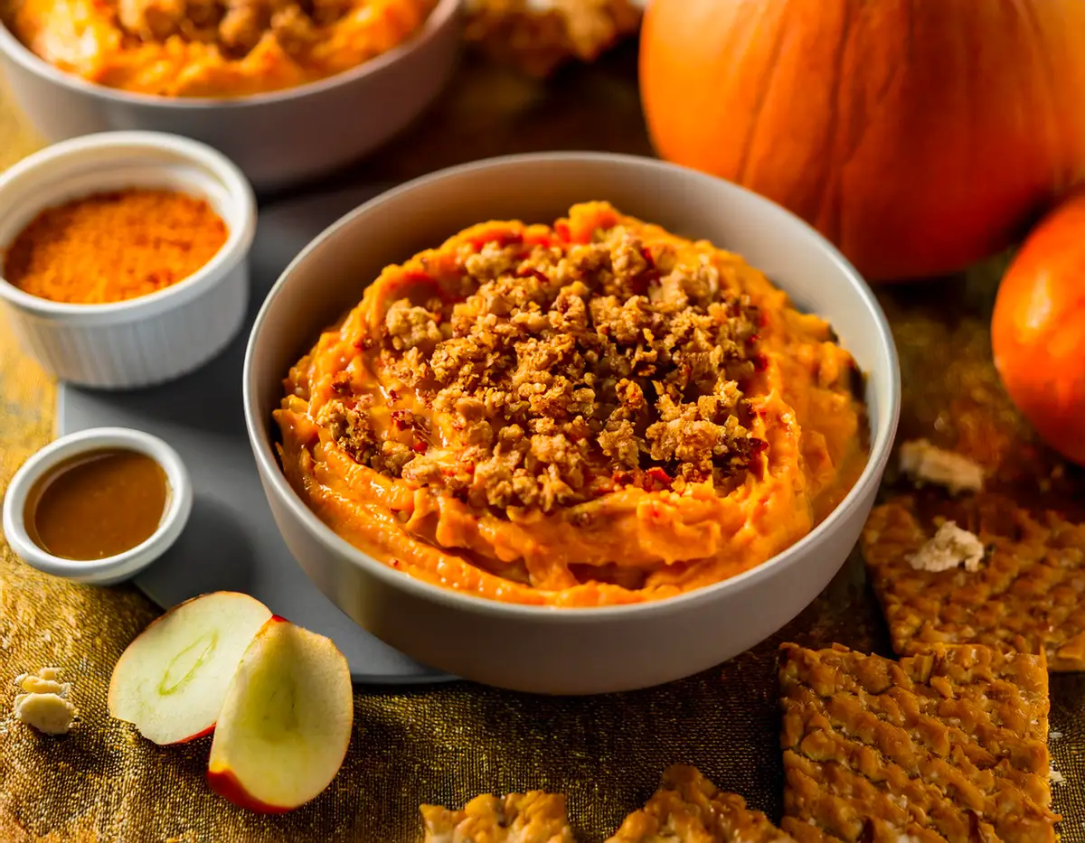 True-Thanksgiving-Recipe-Spiced-Pumpkin-Crumble-Dip A bowl of creamy Spiced Pumpkin Crumble Dip topped with a graham cracker crumble and drizzled with caramel sauce. Surrounded by apple slices and crackers, it's a perfect autumnal treat.