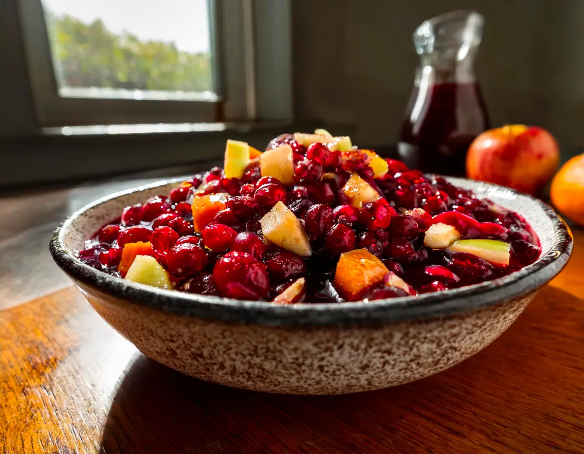True-Thanksgiving-Recipe-Zesty-Cranberry-Citrus-Relish A bowl of Zesty Cranberry Citrus Relish featuring finely chopped cranberries, orange slices, diced apple, and pomegranate arils. Garnished with mint and set against a rustic background, it highlights vibrant colors and festive textures.