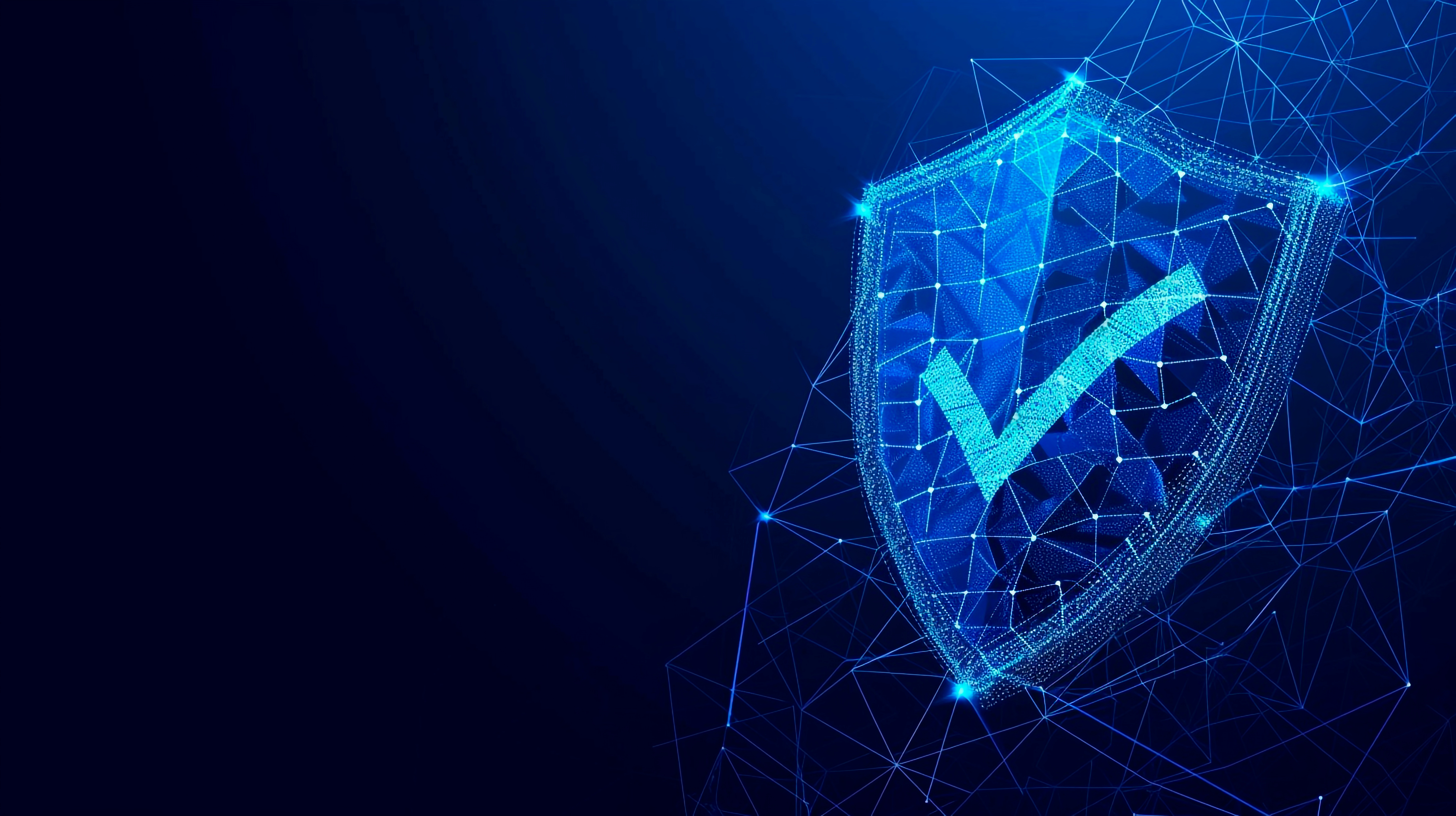 Digital shield icon with a checkmark representing data security for workers' compensation insurance, surrounded by a network of interconnected blue lines and nodes on a dark background. Symbolizes robust protection, encryption, and cybersecurity measures for safeguarding sensitive information in the workers' comp insurance industry.