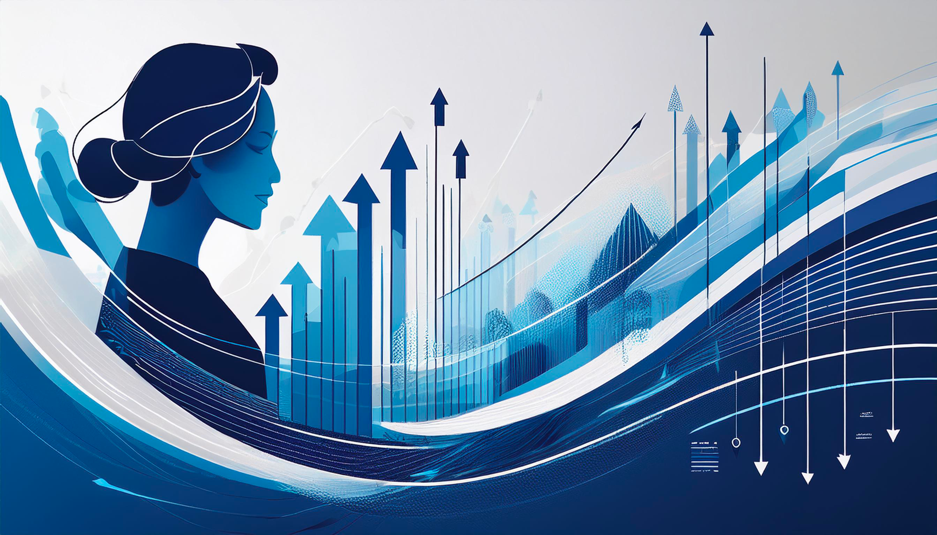 Abstract illustration featuring a stylized female silhouette in a calm, introspective pose surrounded by dynamic blue and white flowing lines. Upward-pointing arrows symbolize growth, resilience, and success. The background showcases geometric and organic elements in shades of navy, bright blue, and light blue, evoking themes of collaboration, mental wellbeing, and professional achievement.