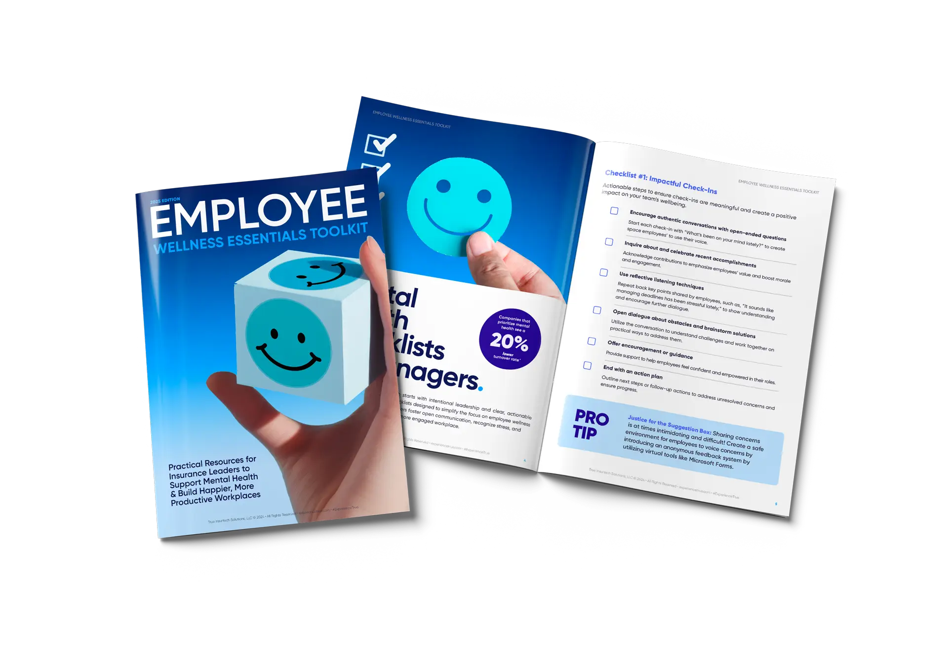 Image of the Employee Wellness Essentials Toolkit featuring a cover with a smiling cube design and the headline ‘Practical Resources for Insurance Leaders to Support Mental Health & Build Happier, More Productive Workplaces.’ An open page highlights actionable checklists for managers, including steps to encourage communication and promote team well-being, emphasizing the importance of mental health in professional environments.