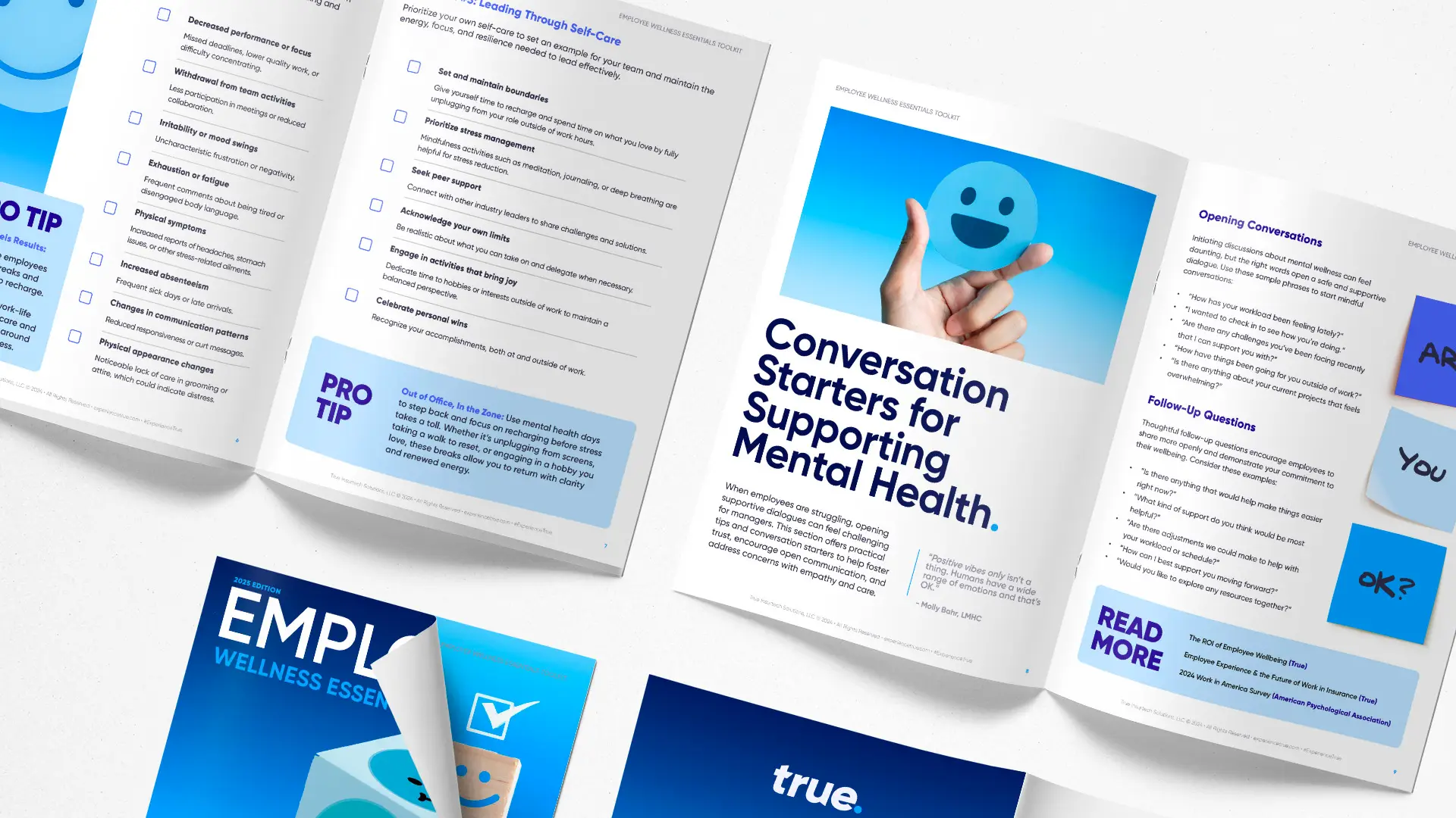 Hero image showcasing the Employee Wellness Essentials Toolkit, featuring vibrant blue-themed visuals. The cover highlights a smiling cube design with the headline ‘Practical Resources for Insurance Leaders to Support Mental Health & Build Happier, More Productive Workplaces.’ Open spreads emphasize conversation starters for supporting mental health, actionable checklists, and strategies for fostering employee well-being in professional environments. The toolkit aims to empower leaders with practical, user-friendly tools to create healthier workplaces