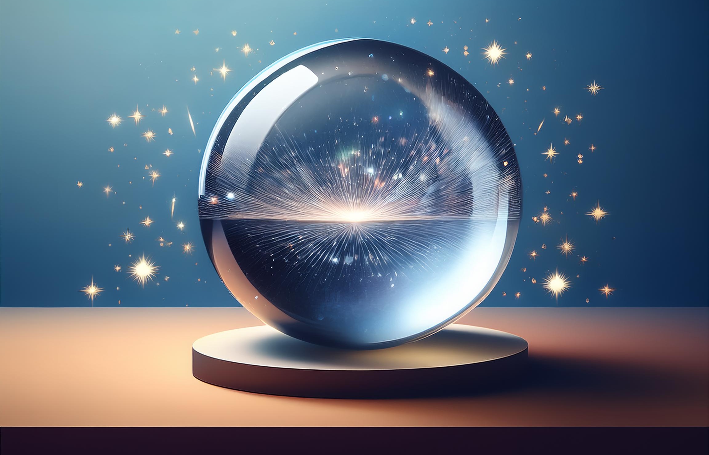 Glass crystal ball on a smooth pedestal with glowing light and sparks, symbolizing reflection on workers’ compensation technology trends from 2024.