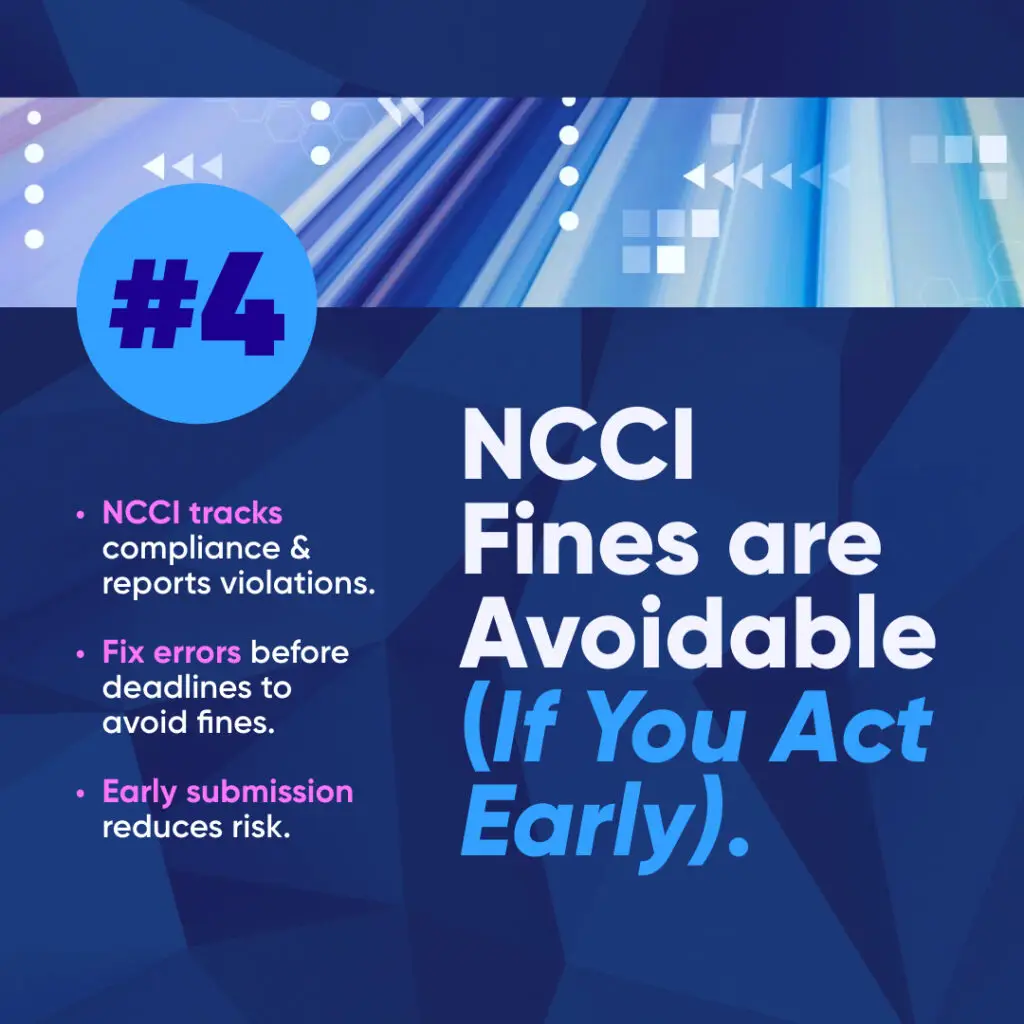 Avoid NCCI fines by submitting data early, fixing errors before deadlines, and ensuring compliance with automated reporting systems.