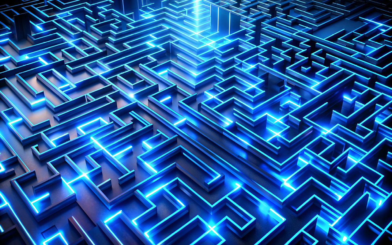 A glowing blue maze symbolizing the complexity and challenges of unit statistical reporting in the insurance industry. The illuminated pathways represent the intricate data requirements and compliance hurdles insurers face.