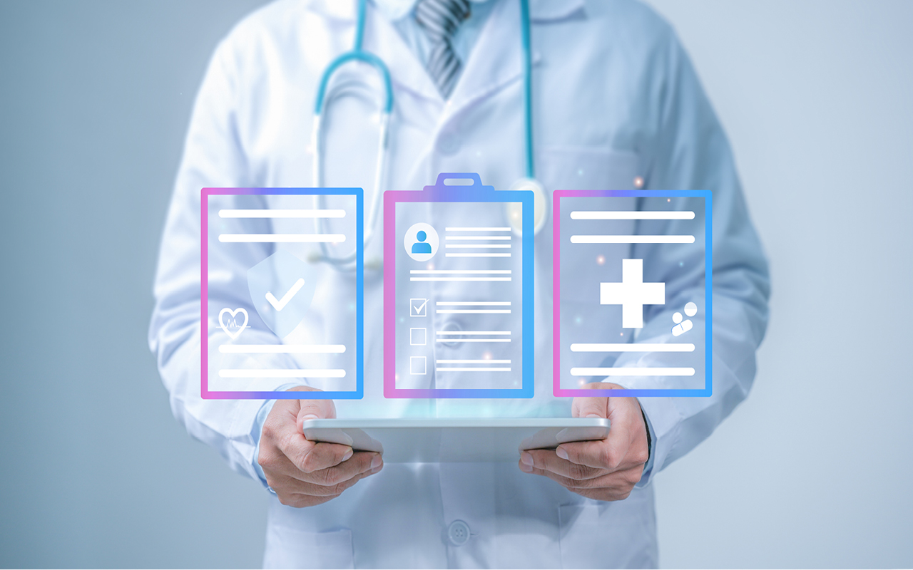 A doctor in a white coat with a stethoscope around their neck holds a tablet displaying digital medical records. Three glowing, semi-transparent icons representing medical forms, checklists, and healthcare data float above the tablet, symbolizing medical data collection, compliance, and digital reporting.