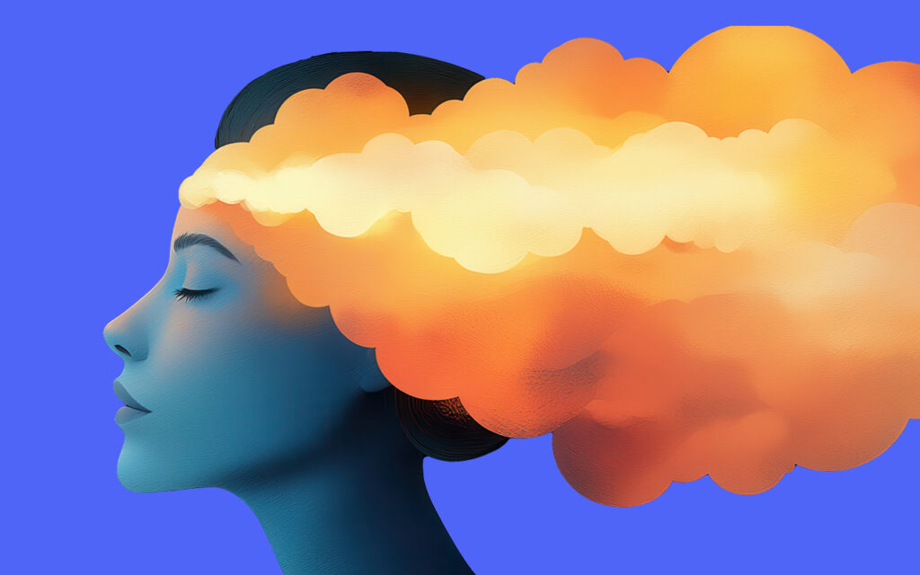 A digital illustration of a professional with eyes closed, symbolizing psychological safety and well-being in the workplace. Vibrant orange clouds emerge from the head, representing innovation, trust, and mental resilience in workers’ compensation and insurance.