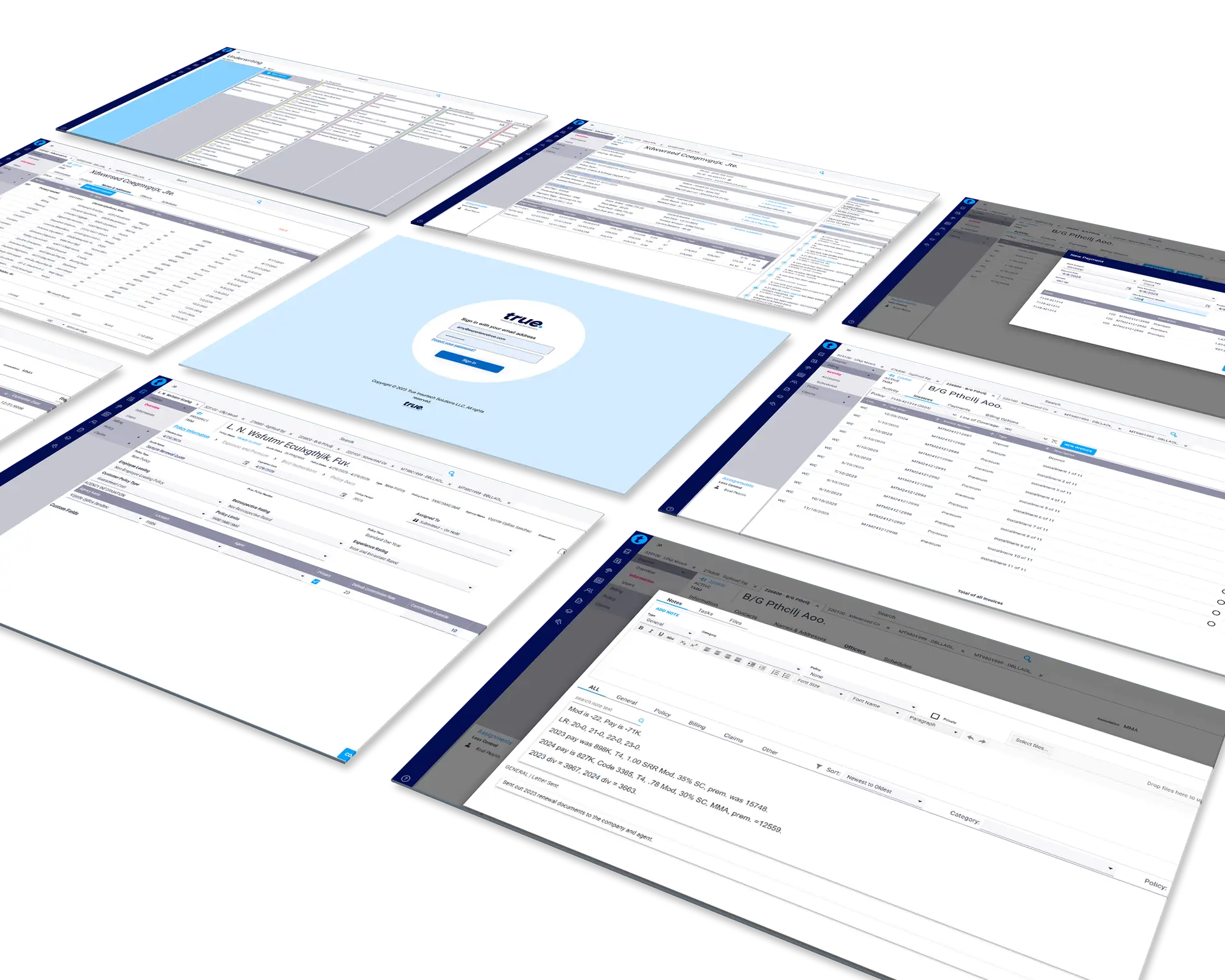TruePolicy™ platform mockup for Normandy Insurance showing workers’ comp automation tools, billing screens, and policy admin features