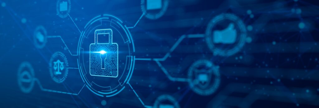 Digital cybersecurity padlock icon surrounded by technology and compliance symbols, representing SOC 2® Type II data security compliance for True Insurtech Solutions’ workers’ compensation software.