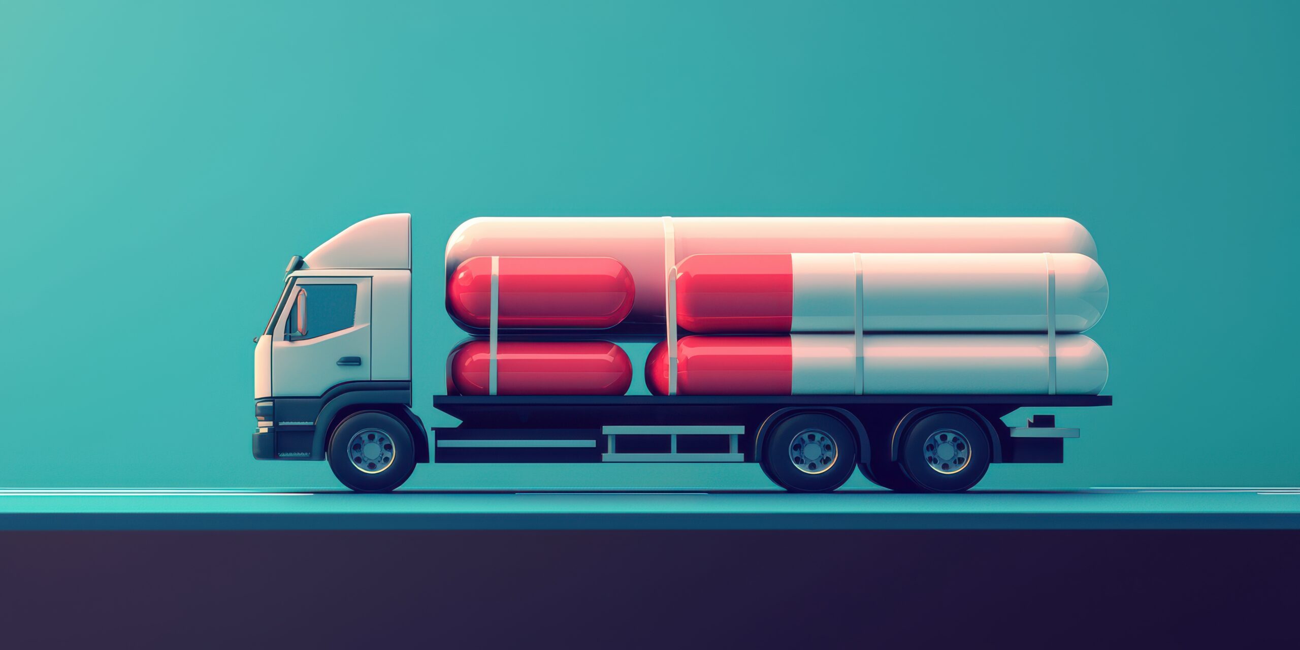 Illustration of a semi-truck transporting oversized red and white pharmaceutical capsules, symbolizing the impact of drug tariffs on the pharmaceutical supply chain in workers’ compensation.