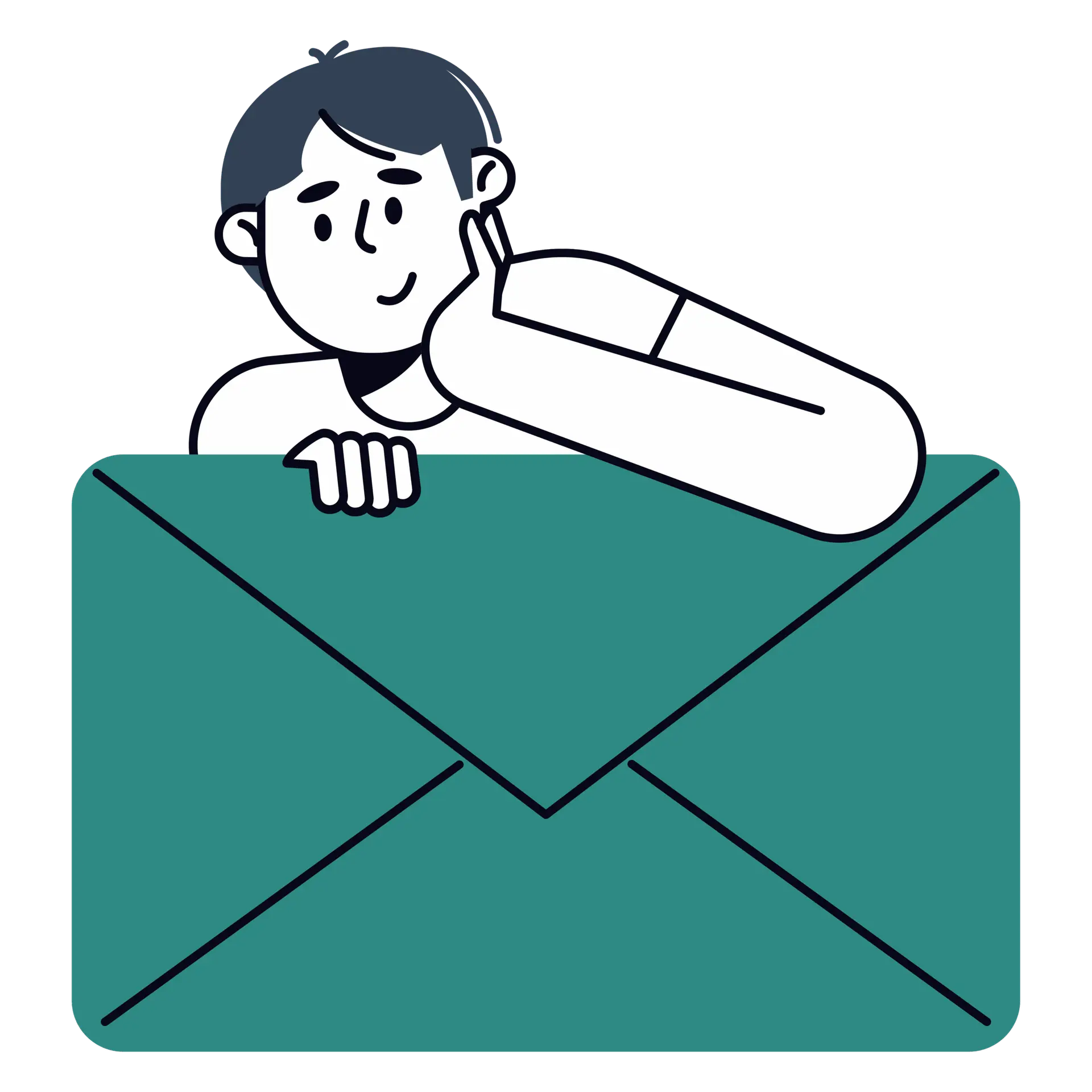 Illustration of a person leaning on a large teal envelope, representing an email sign-up to be the first to know about upcoming workers’ comp communication announcements.
