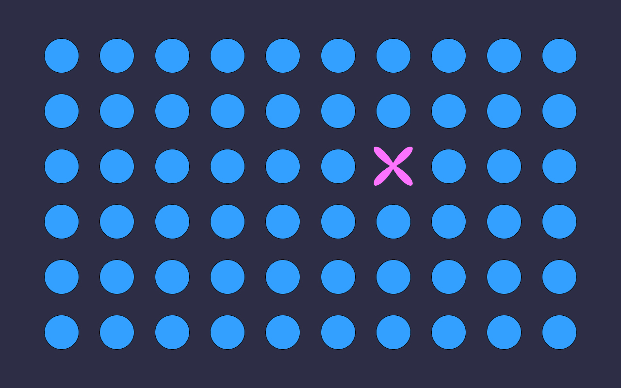 Illustration of many uniform blue dots with one marked by a pink X, symbolizing how AI identifies an anomalous workers’ comp claim within a large dataset.