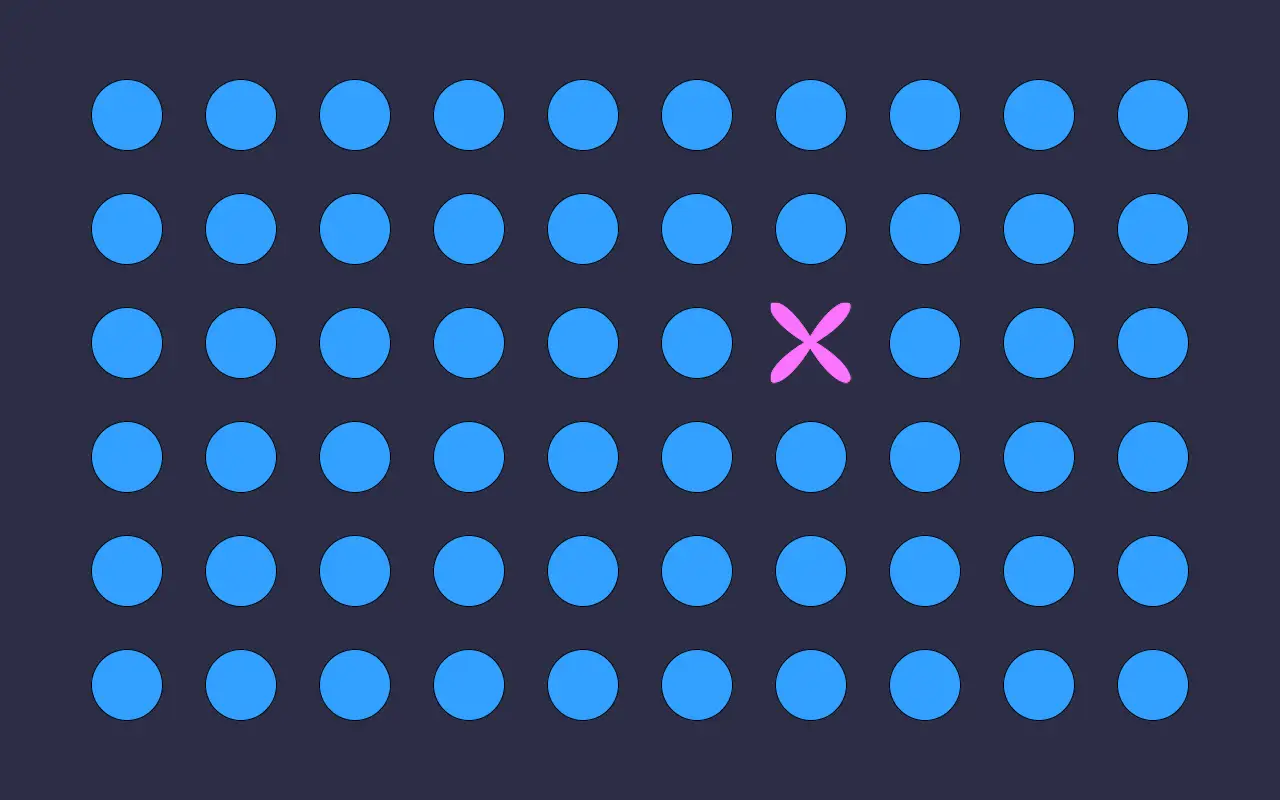 Illustration of many uniform blue dots with one marked by a pink X, symbolizing how AI identifies an anomalous workers’ comp claim within a large dataset.