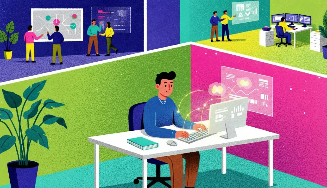 Illustration of a worker at a desk with a laptop, glowing data threads connecting to an AI-powered display, while colleagues collaborate in the background across a multi-room office environment, representing how AI supports and redirects human work rather than replacing it.
