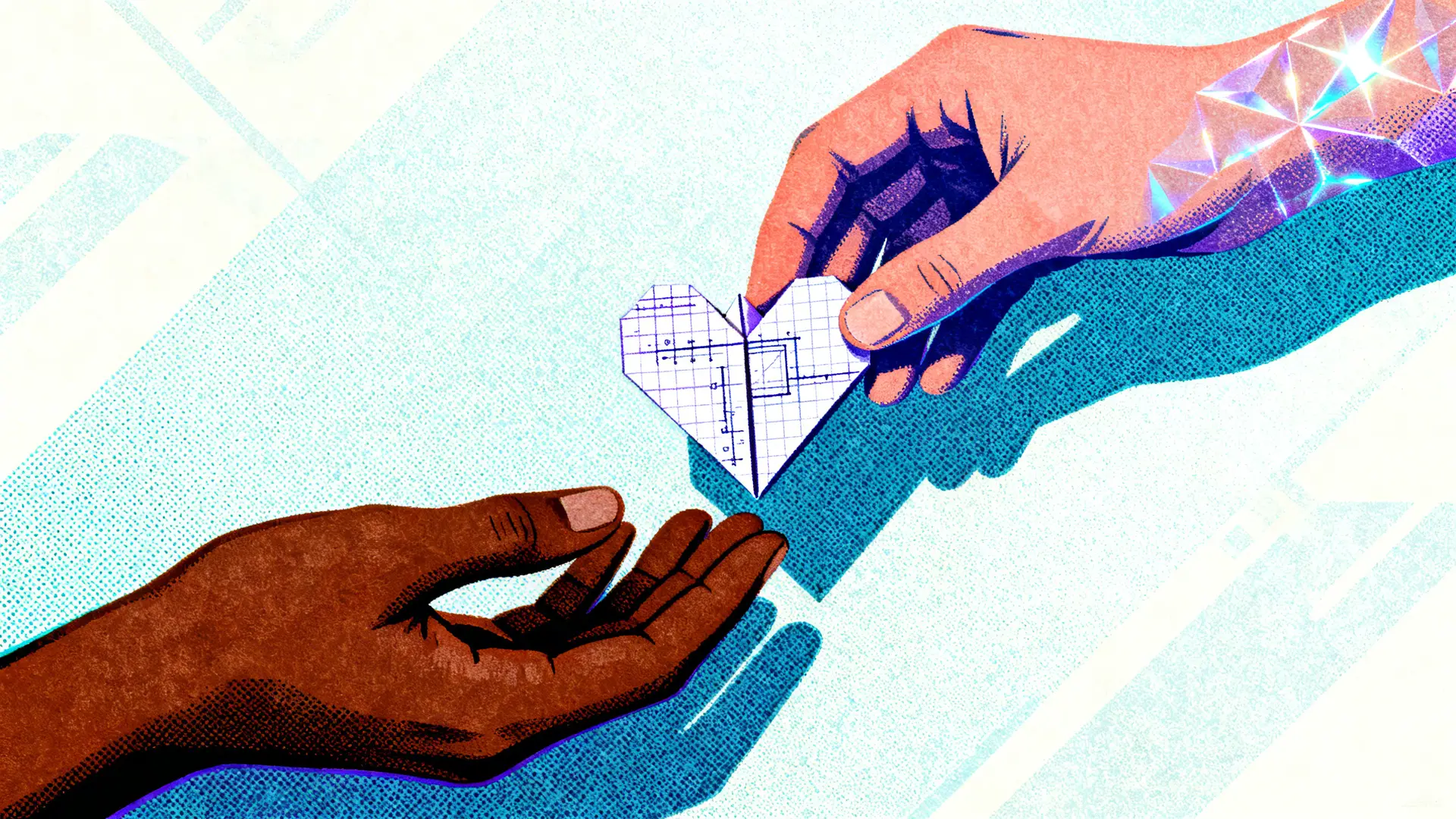 A crystalline AI hand passes an origami heart folded from blueprint paper to an open human hand, symbolizing human-AI partnership and workforce support in workers' compensation operations.