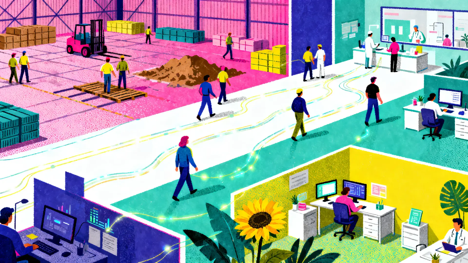 Illustrated workplace panorama showing a warehouse, medical clinic, and office environment connected by flowing data lines, representing the convergence of technology across the workers' compensation industry.