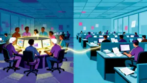 Illustration of a workers' compensation office split into two contrasting zones — on the left, a small group huddles around a glowing central workstation buzzing with energy and data; on the right, a large open floor of workers processing paper documents manually, with a single luminous thread stretching between the two sides but failing to fully connect them.