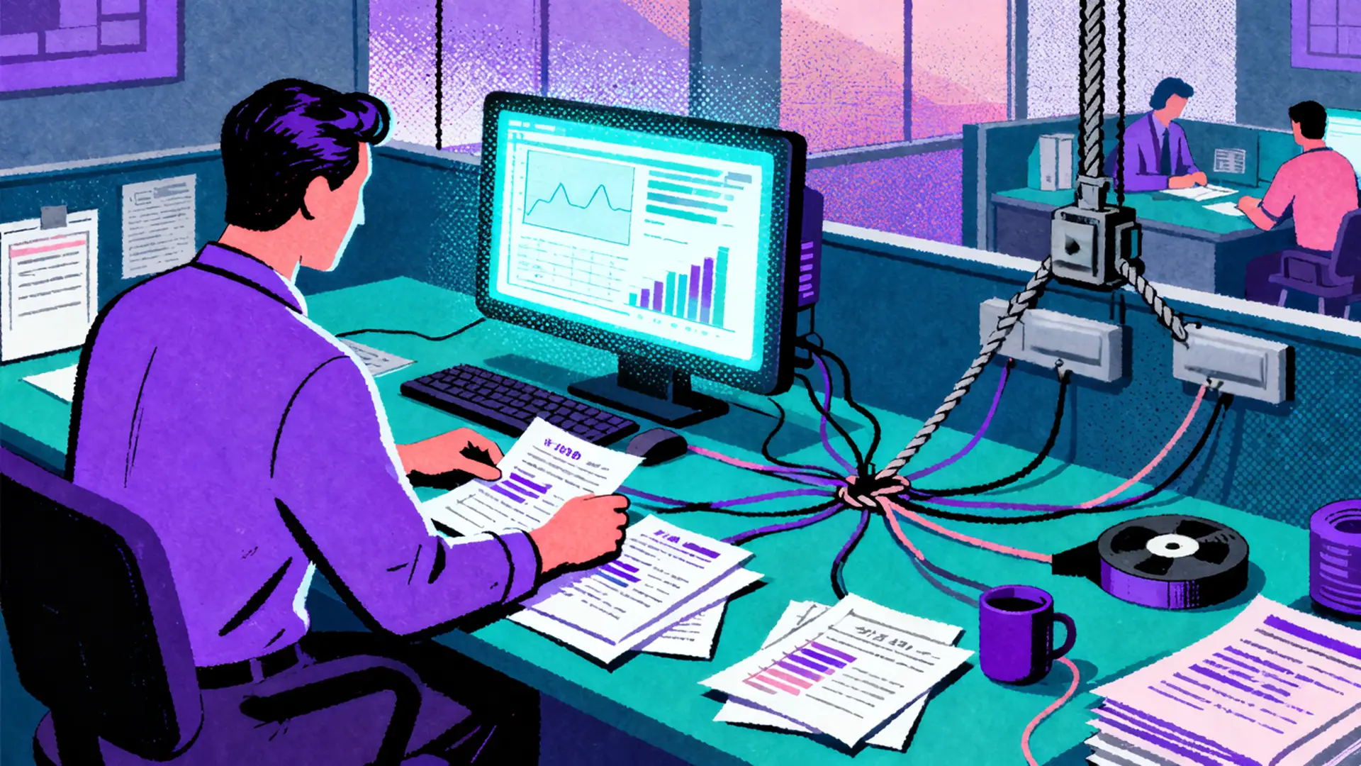 Illustration of a claims professional reviewing paper documents at a desk beside a glowing computer screen, while tangled cords and disconnected cables pile up nearby, representing fragmented systems and the gap between AI investment and operational impact.