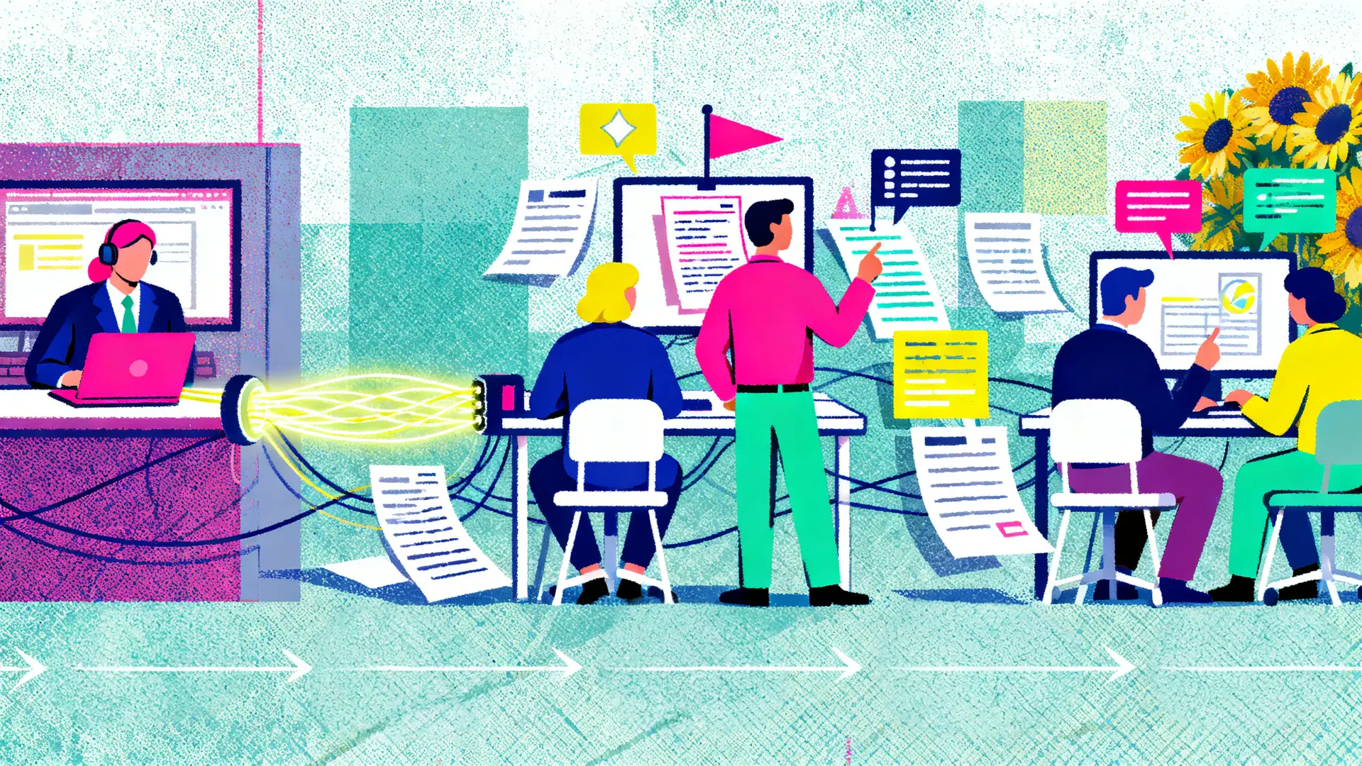 Illustration of a busy claims operation where workers at connected workstations review documents and screens with AI-surfaced flags and alerts already visible in their workflow, while glowing data threads move automatically between stations, representing seamless AI integration across the full claims lifecycle.