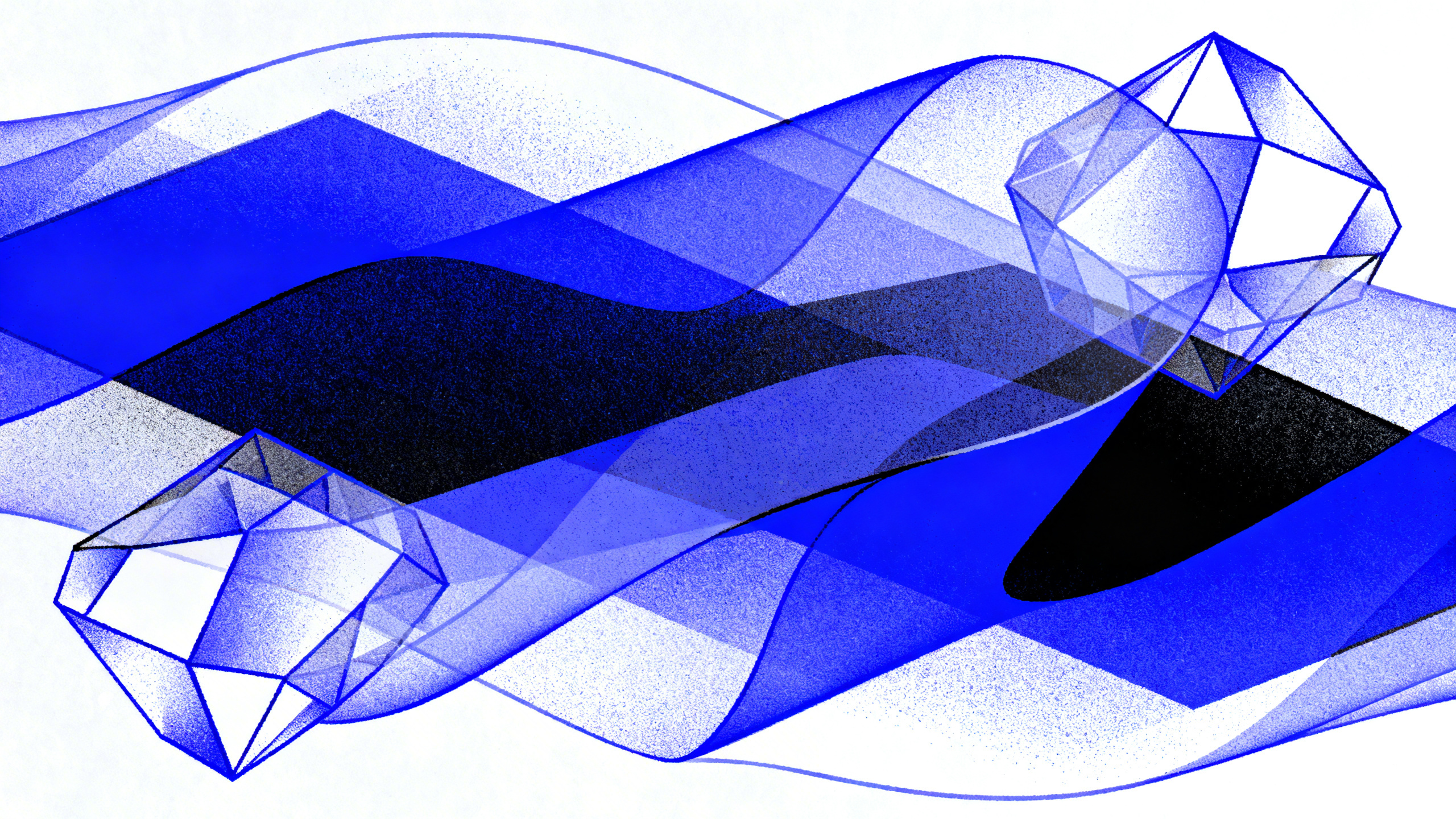 Abstract geometric composition featuring layered blue crystalline forms and flowing translucent shapes representing True Insurtech Solutions' SOC 2 Type II security compliance and data protection for workers' compensation insurance platforms