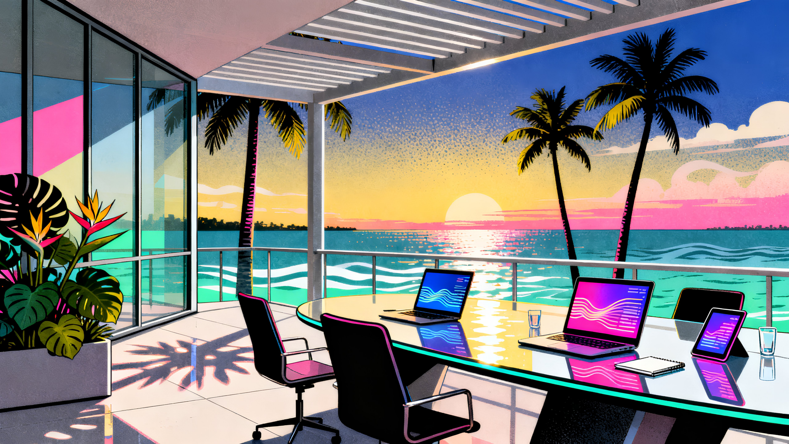 Modern terrace workspace overlooking Florida coastline at sunset with laptops displaying data visualizations, representing Colin Moulton attending NCCI Data Now Program in Boca Raton, Florida, January 2026 for professional development in workers' compensation technology