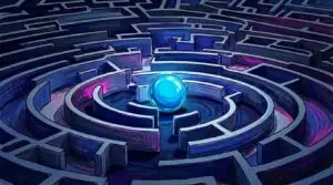 Blue sphere positioned at the center of a white circular maze, symbolizing clarity, strategic direction, and navigating complexity in workers’ compensation through integrated cloud technology.
